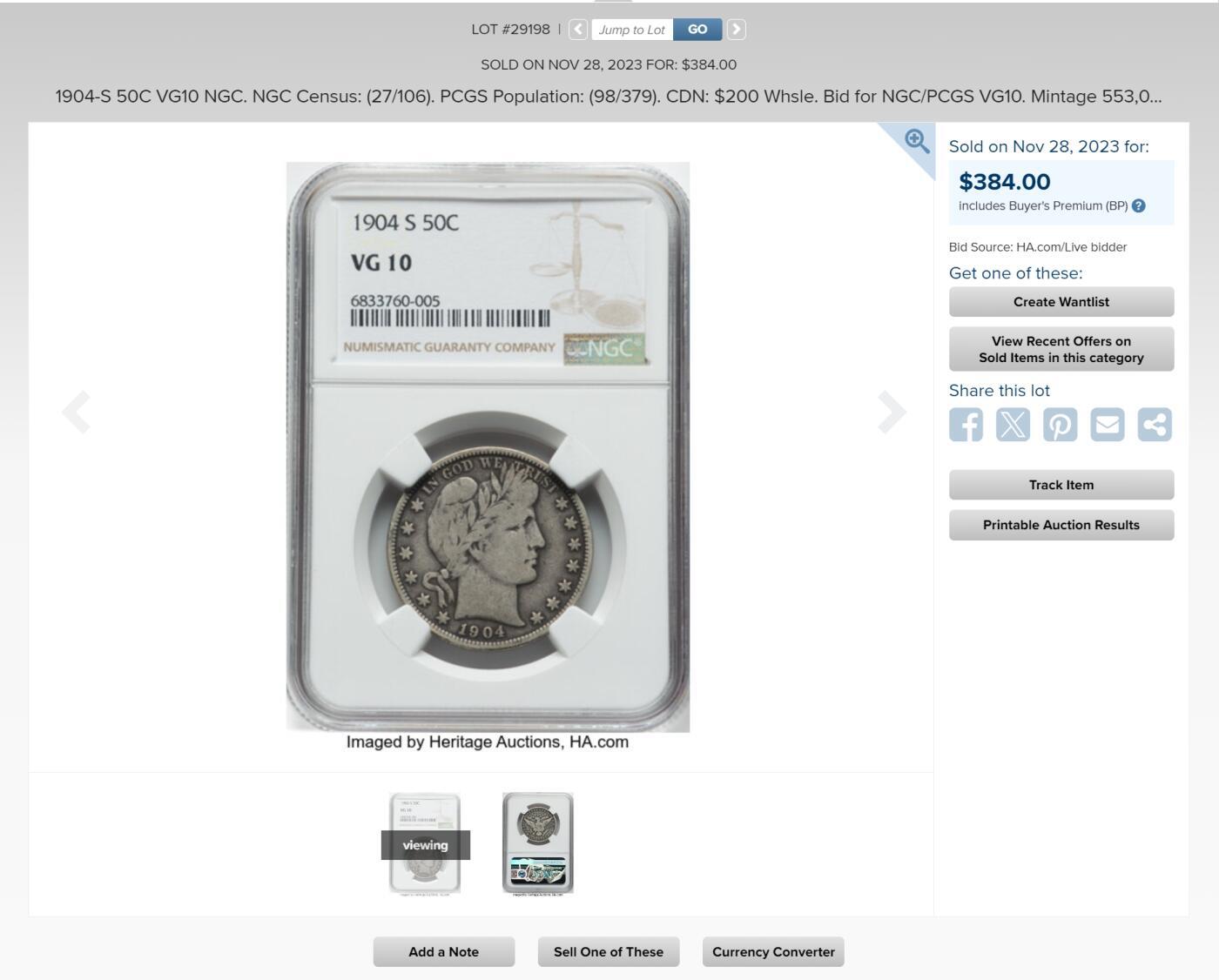 修遠堂世界钱币第四十六期 全场包邮 稀少年份 NGC VG10 1904年美国50美分银币 S厂铭 2023年HA同分成交价384美元