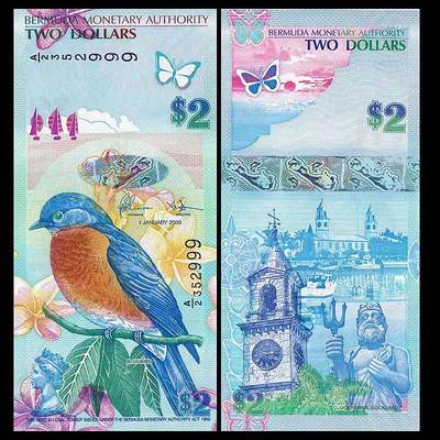 开心收藏拍卖 - 百慕大2元 蓝鸟钞纸币 获奖币 2009年 全新UNC P-57c