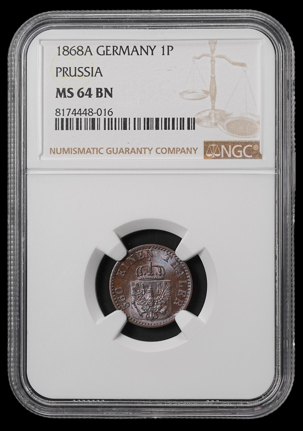 修遠堂世界钱币第四十六期 全场包邮 NGC MS64BN 1868年普鲁士1芬尼铜币