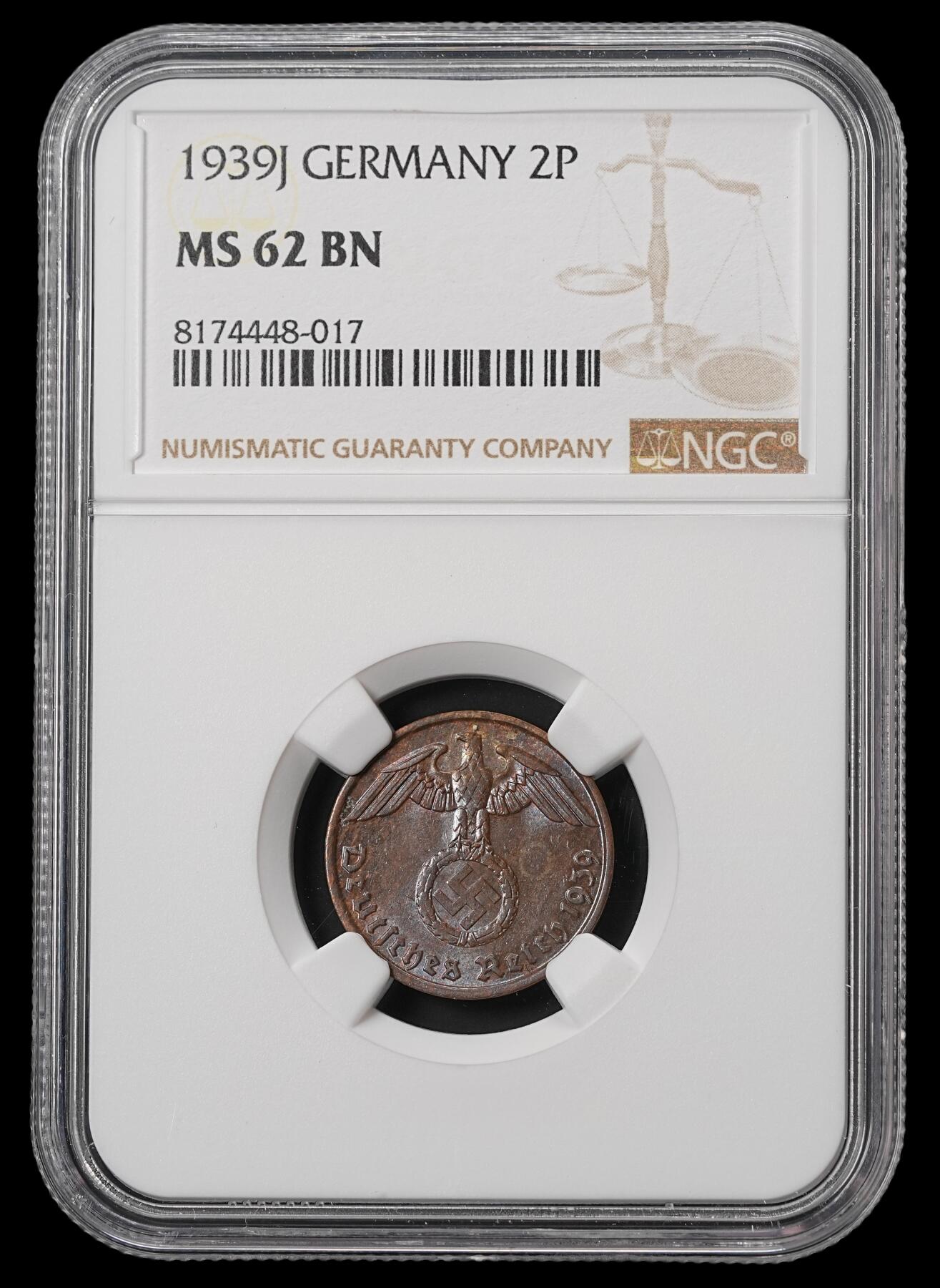 修遠堂世界钱币第四十六期 全场包邮 NGC MS62BN 1939年德三2芬尼铜币