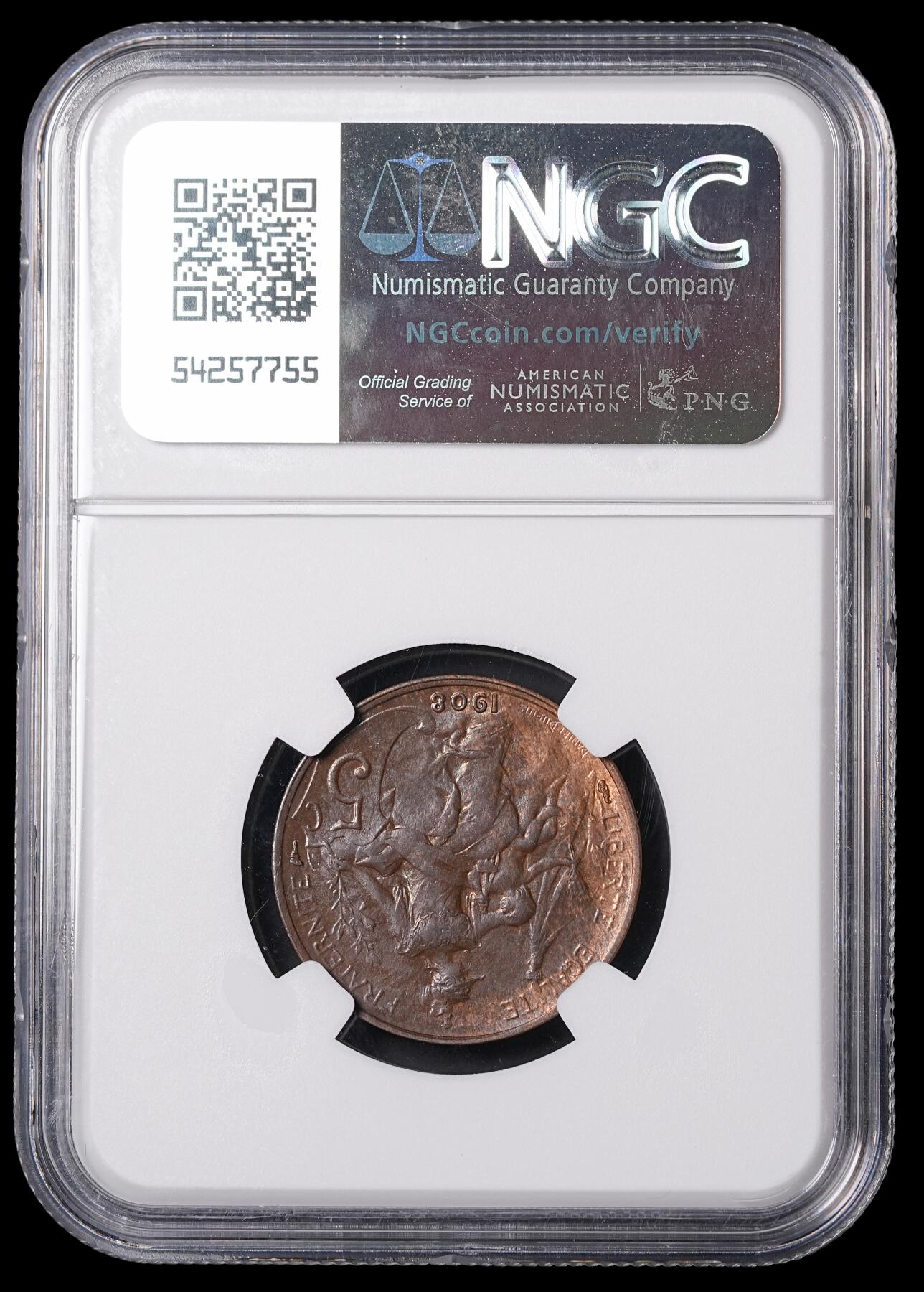 修遠堂世界钱币第四十六期 全场包邮 NGC MS63BN 1908年法国5分铜币