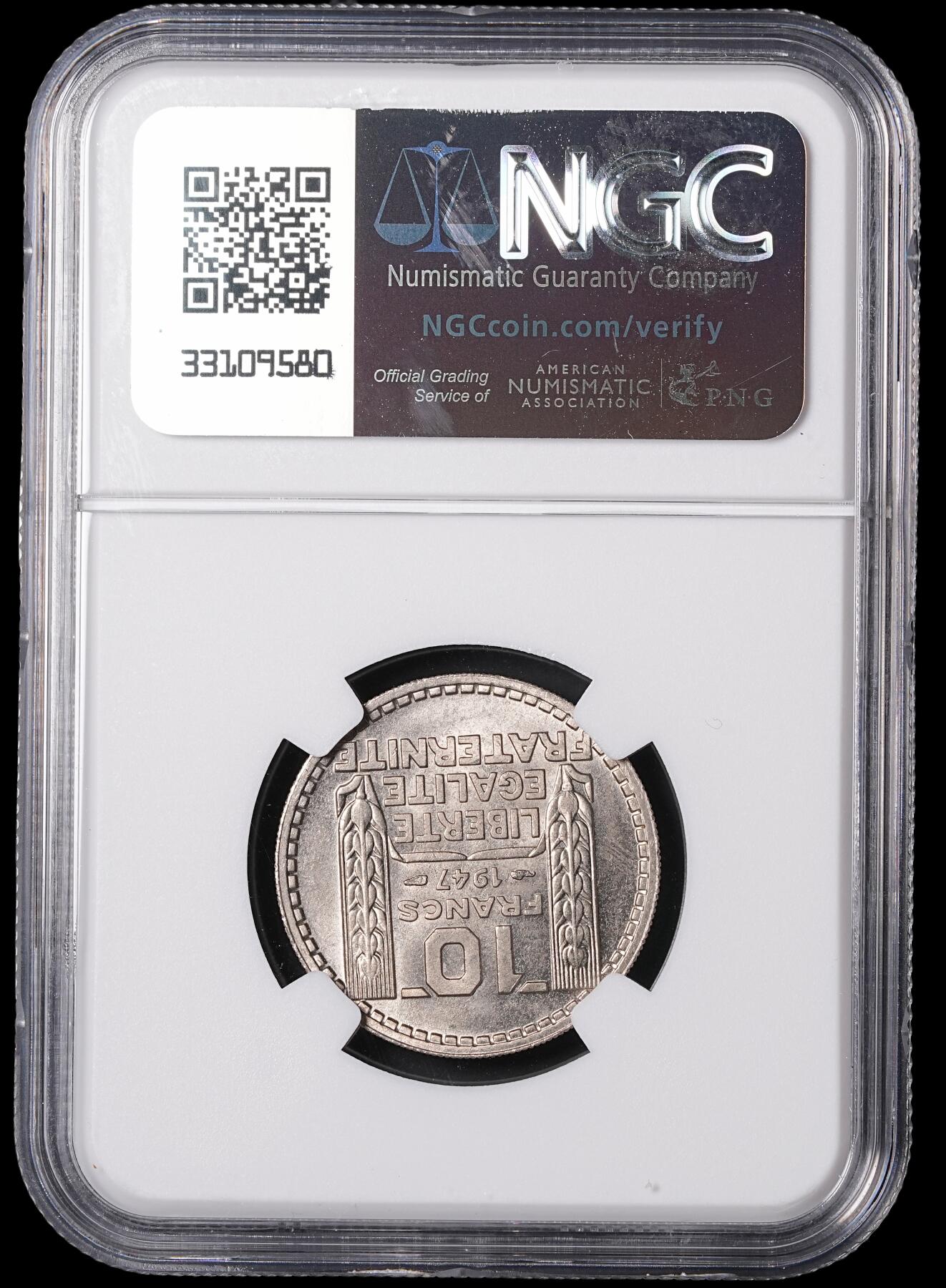 修遠堂世界钱币第四十六期 全场包邮 NGC MS65 1947年法国10法郎镍币