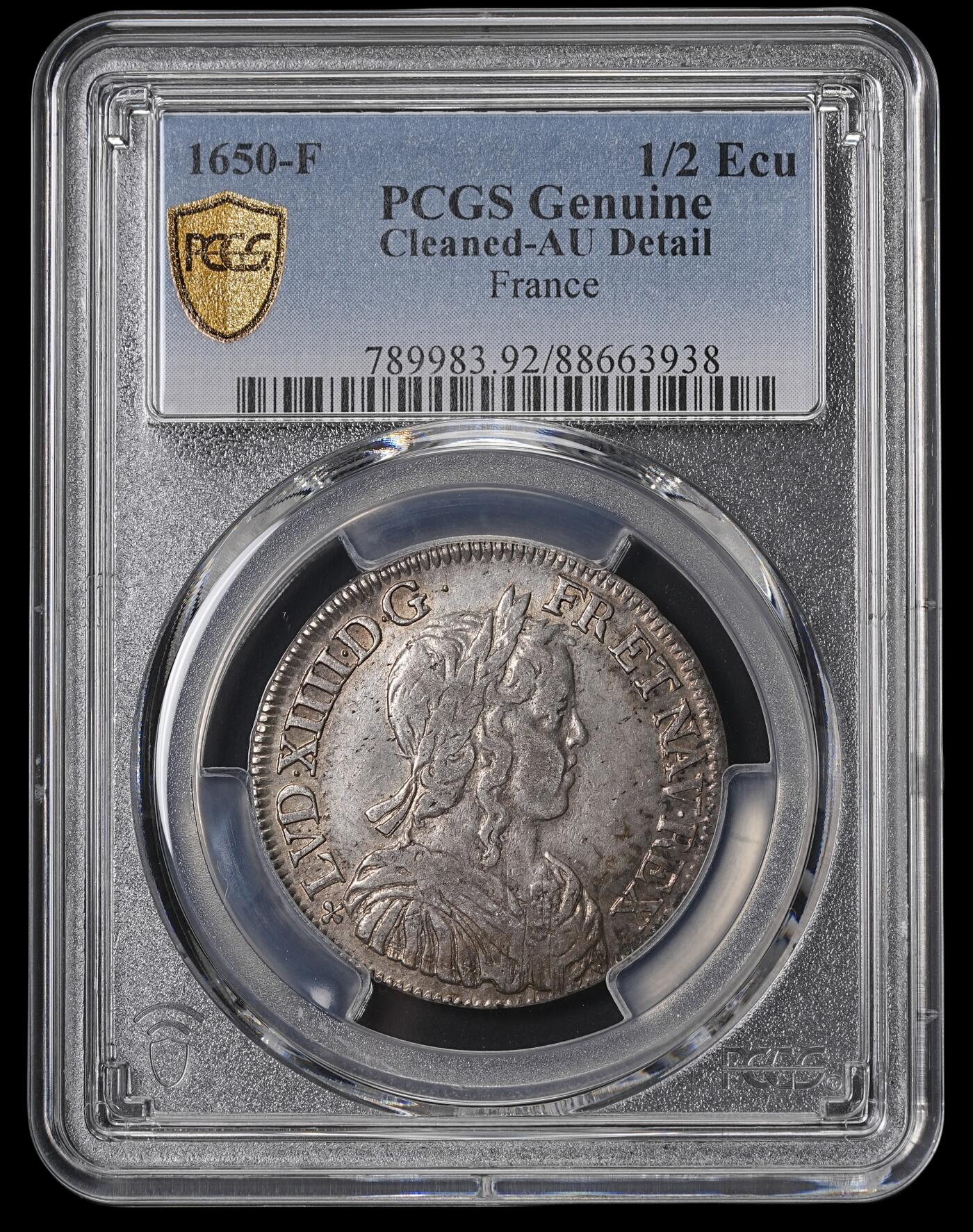 修遠堂世界钱币第四十六期 全场包邮 PCGS AUD 1650年法国1/2埃居银币 路易十四少年头像 F厂铭