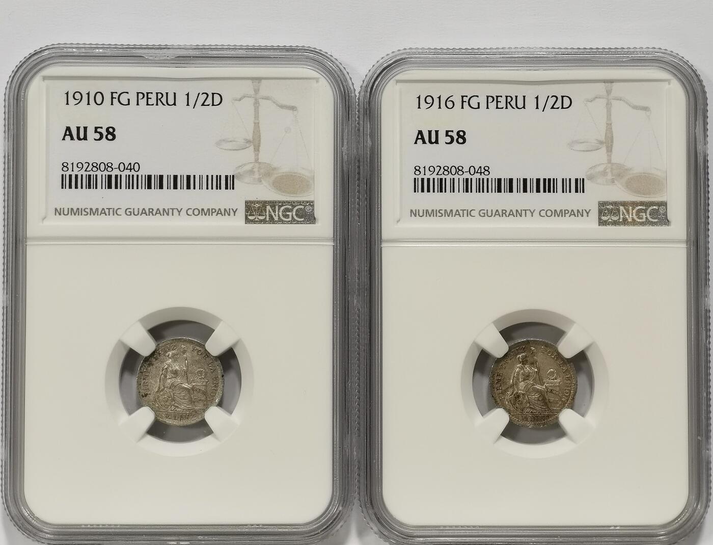 博洋堂世界钱币拍卖第098期（全场包邮） NGC AU58 秘鲁1910/1916年坐人女神1/2D小银币2枚一对
