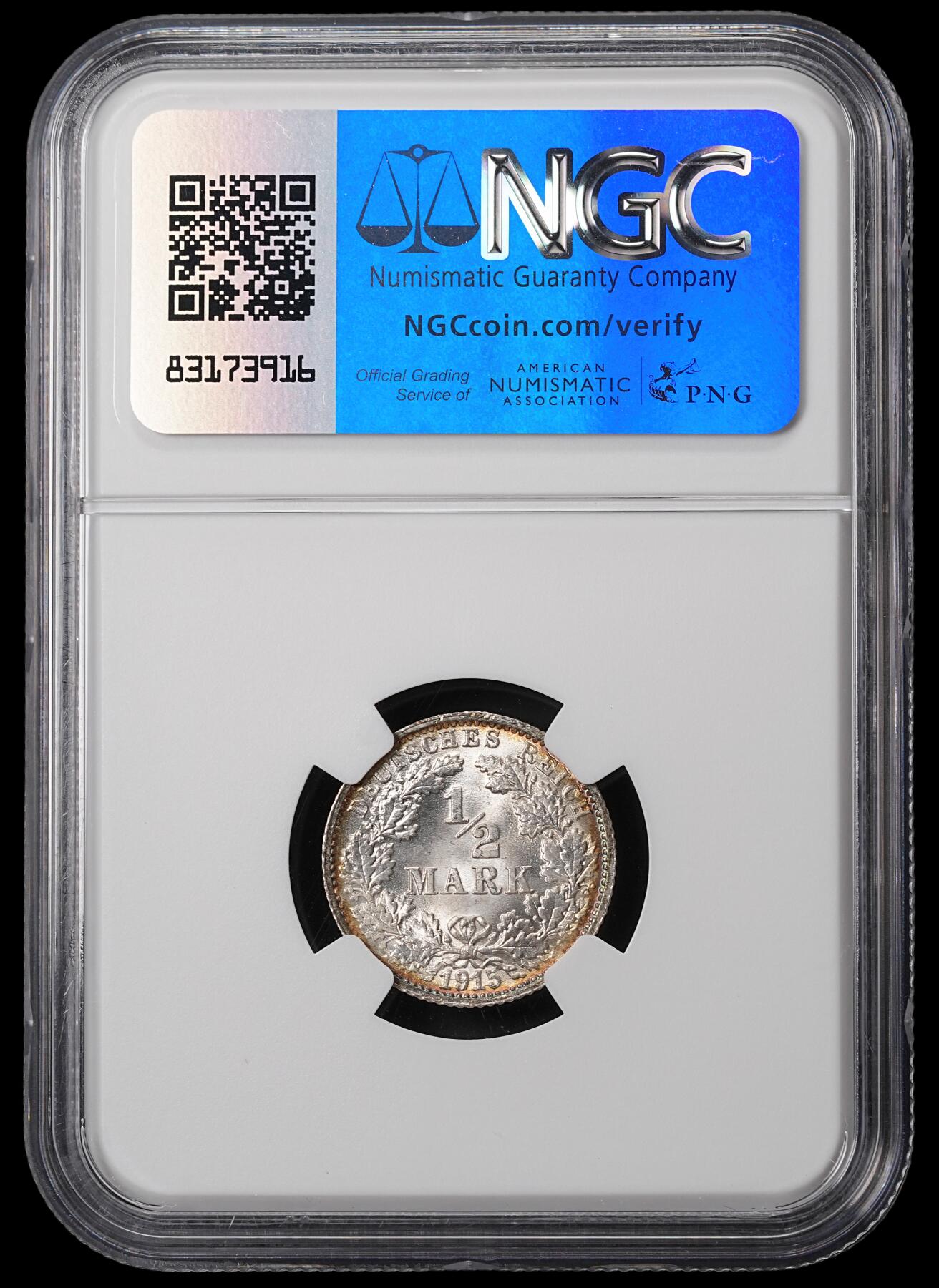 修遠堂世界钱币第四十六期 全场包邮 顶级高分环彩 NGC MS68 1915年德国1/2马克银币 F厂铭 68分老币天花板级别分数