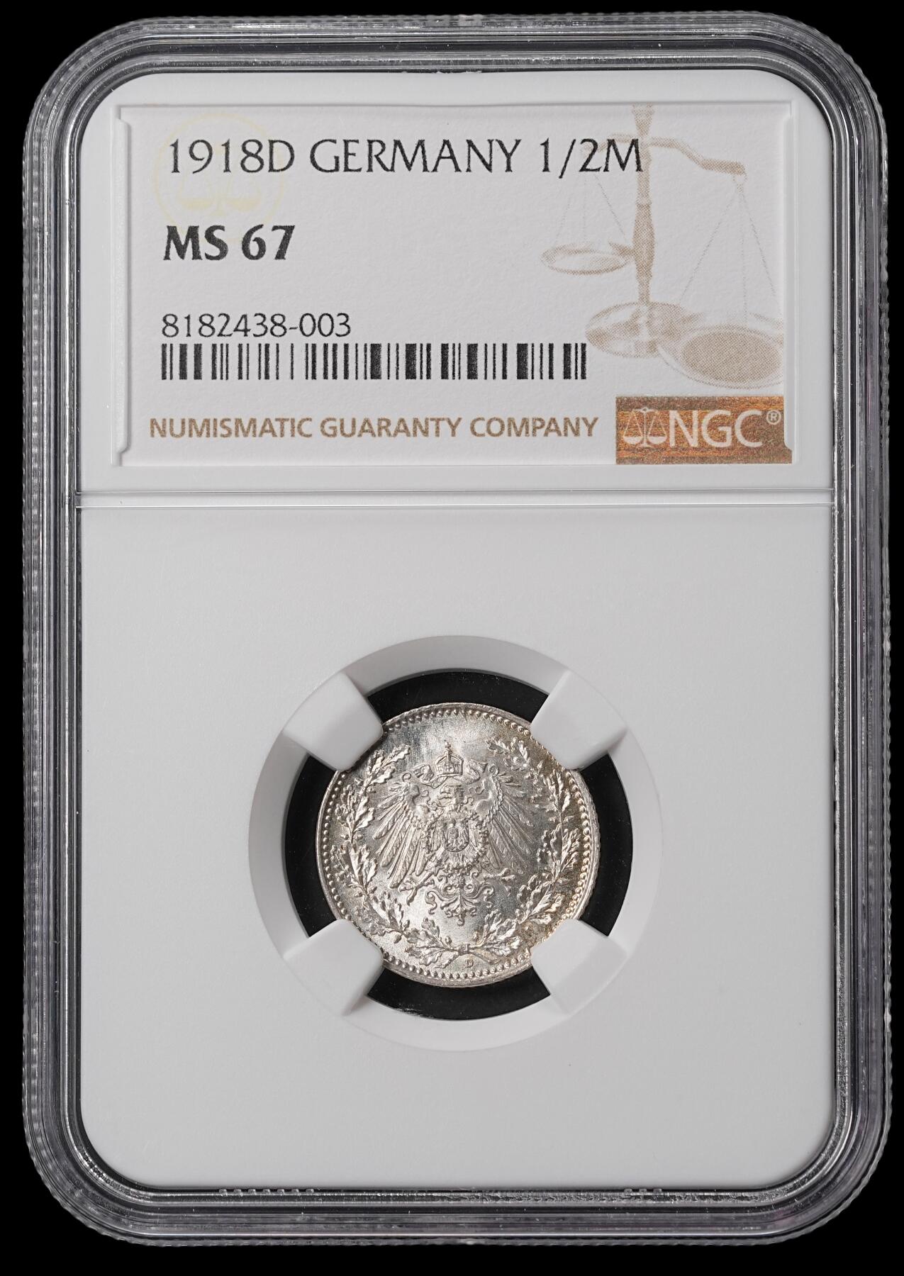 修遠堂世界钱币第四十六期 全场包邮 NGC MS67 1918年德国1/2马克银币 D厂铭