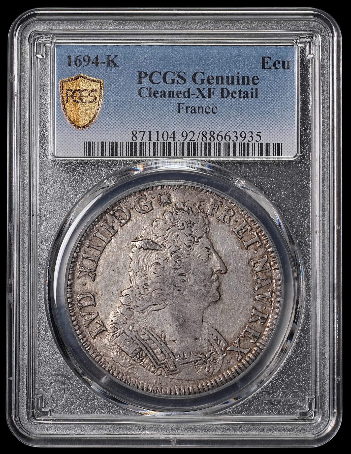 修遠堂世界钱币第四十六期 全场包邮 PCGS XFD 1694年法国1埃居大银币 路易十四头像 K厂铭