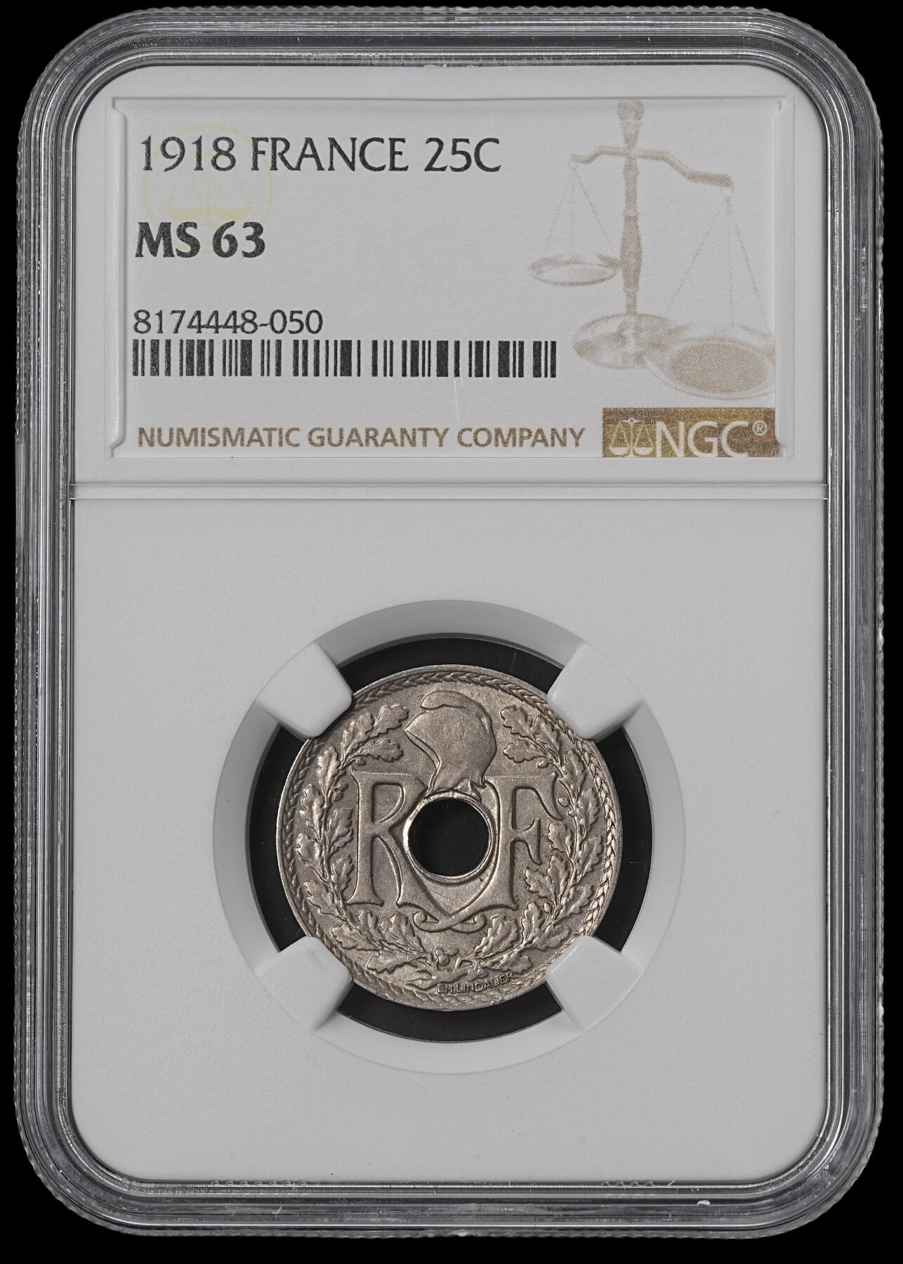 修遠堂世界钱币第四十六期 全场包邮 NGC MS63 1918年法国中孔25分