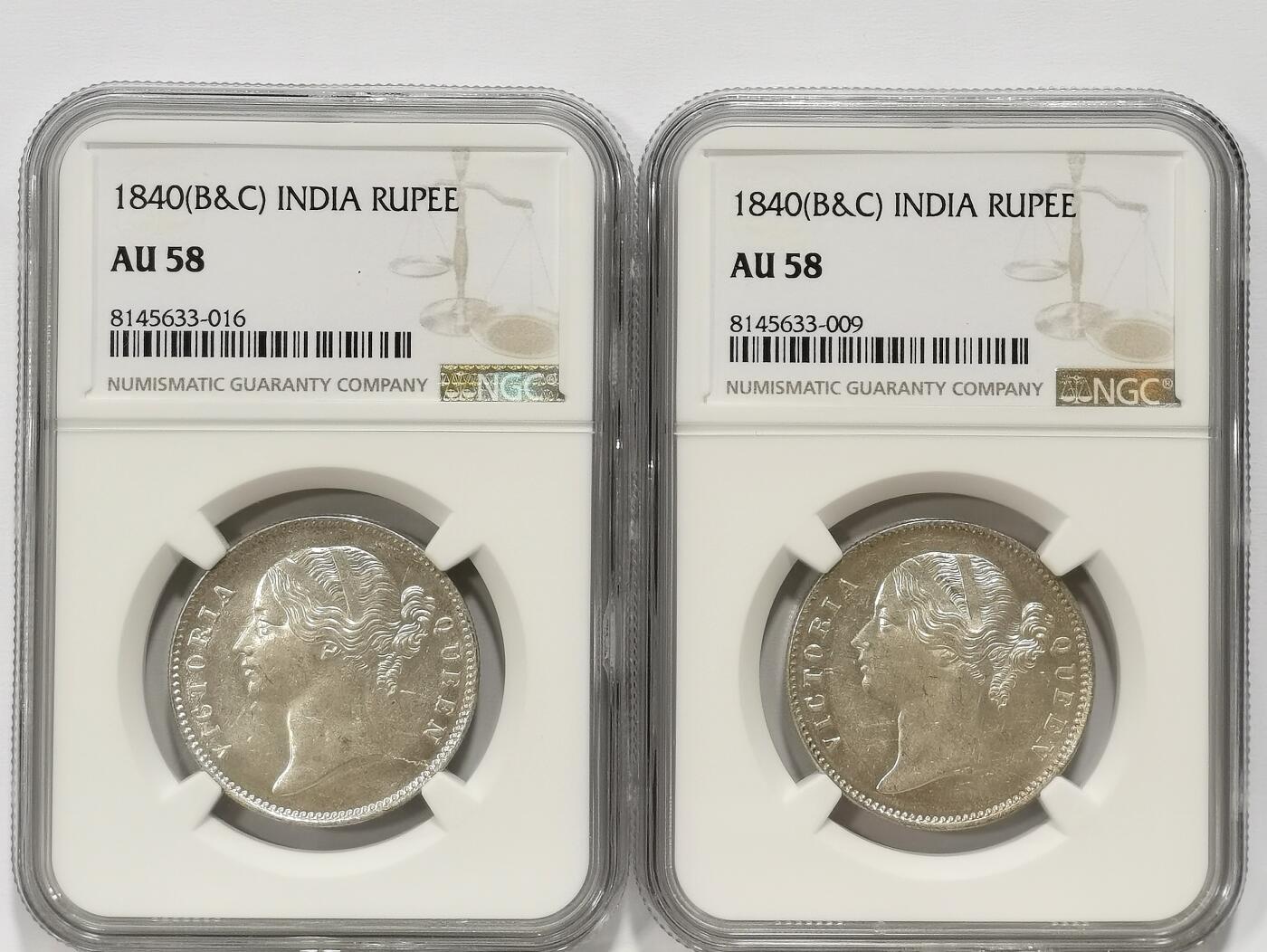 博洋堂世界钱币拍卖第098期（全场包邮） NGC AU58 英属东印度公司1840年维多利亚双辫版1卢比银币2枚一对2