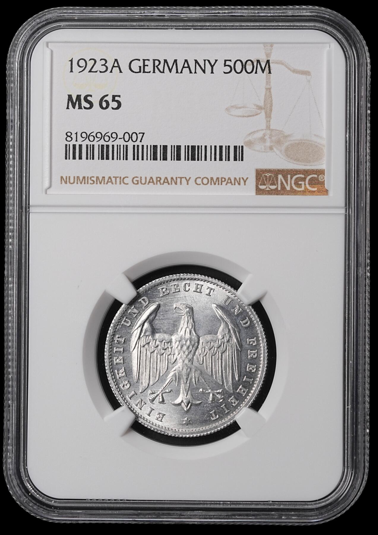 修遠堂世界钱币第四十六期 全场包邮 NGC MS65 1923年魏玛政府500马克