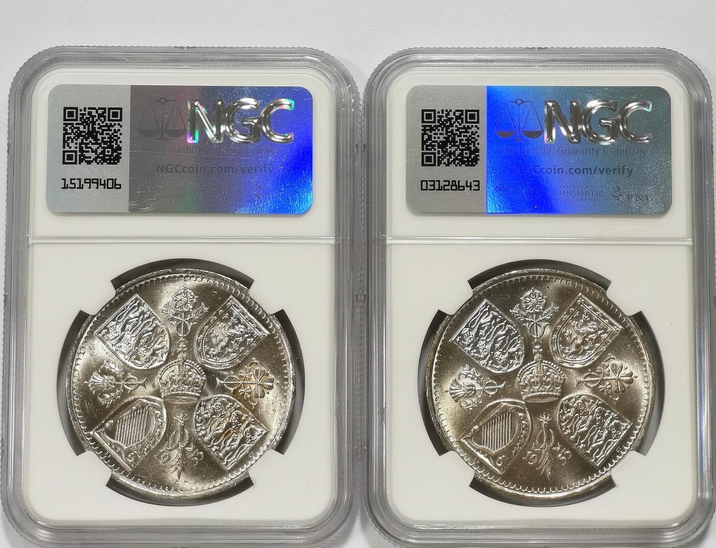 博洋堂世界钱币拍卖第098期（全场包邮） NGC MS64 英国1953年伊丽莎白二世登基纪念克朗2枚一对