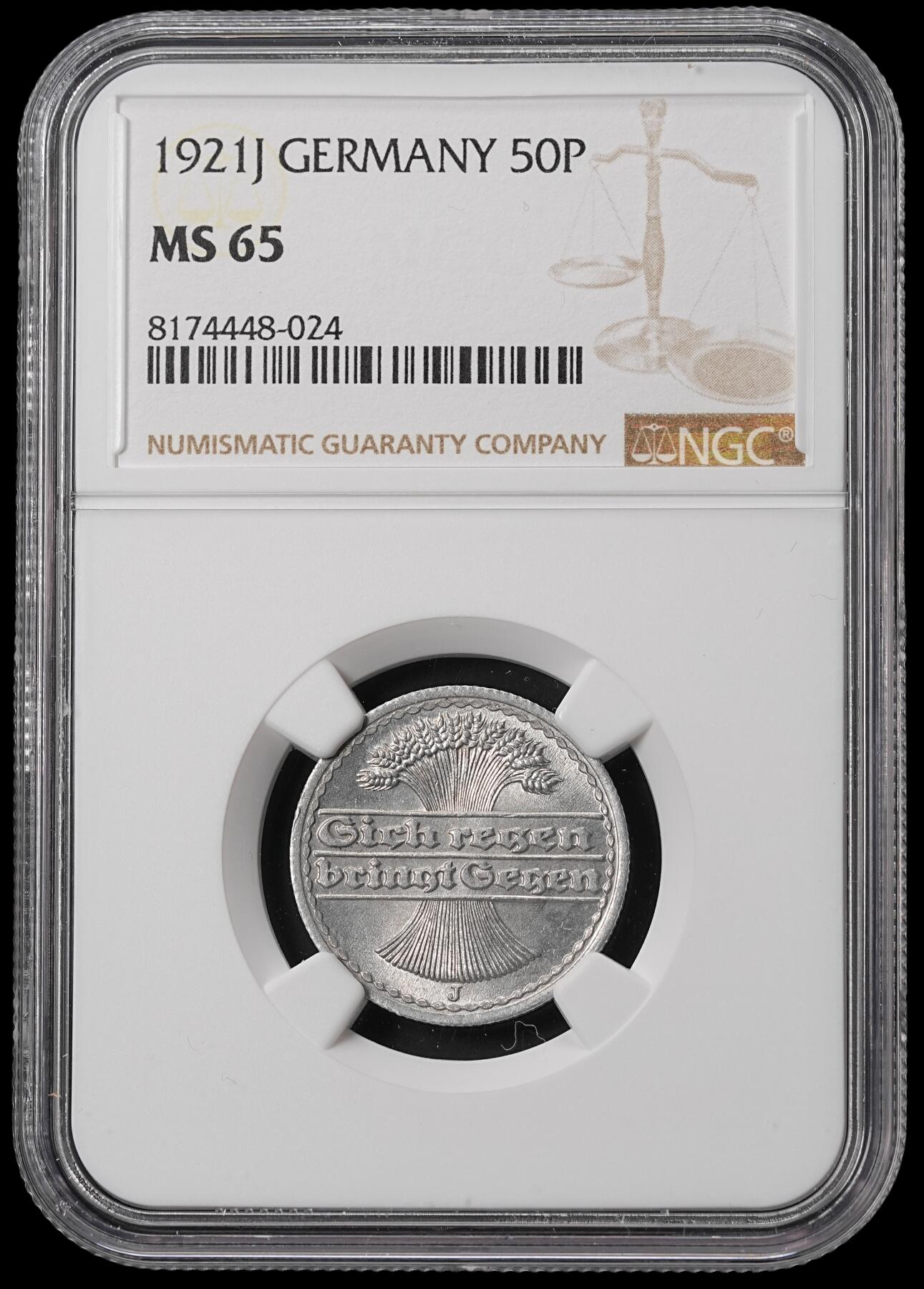修遠堂世界钱币第四十六期 全场包邮 NGC MS65 1921年魏玛政府50芬尼 J厂铭