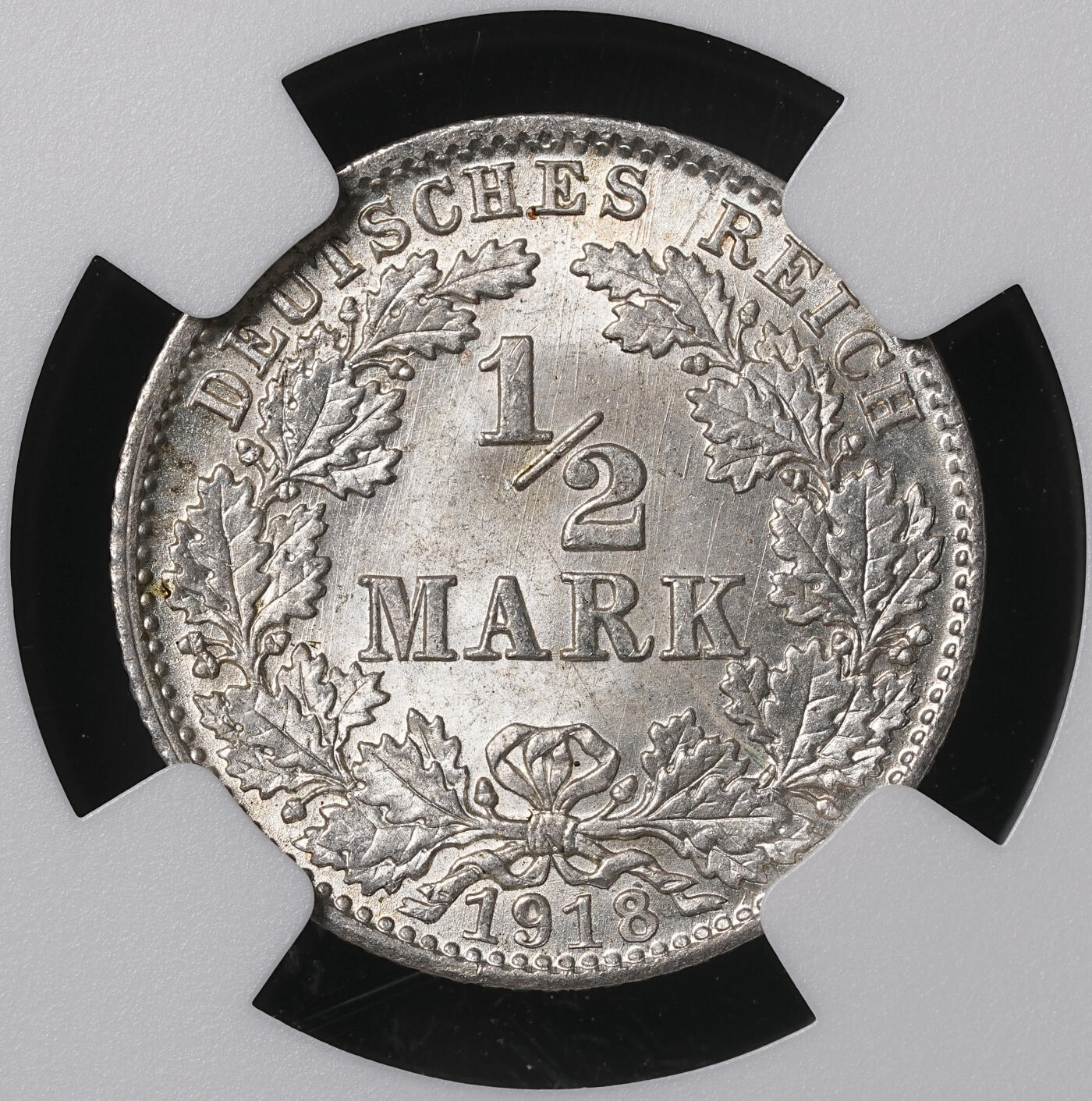修遠堂世界钱币第四十六期 全场包邮 NGC MS67 1918年德国1/2马克银币 D厂铭