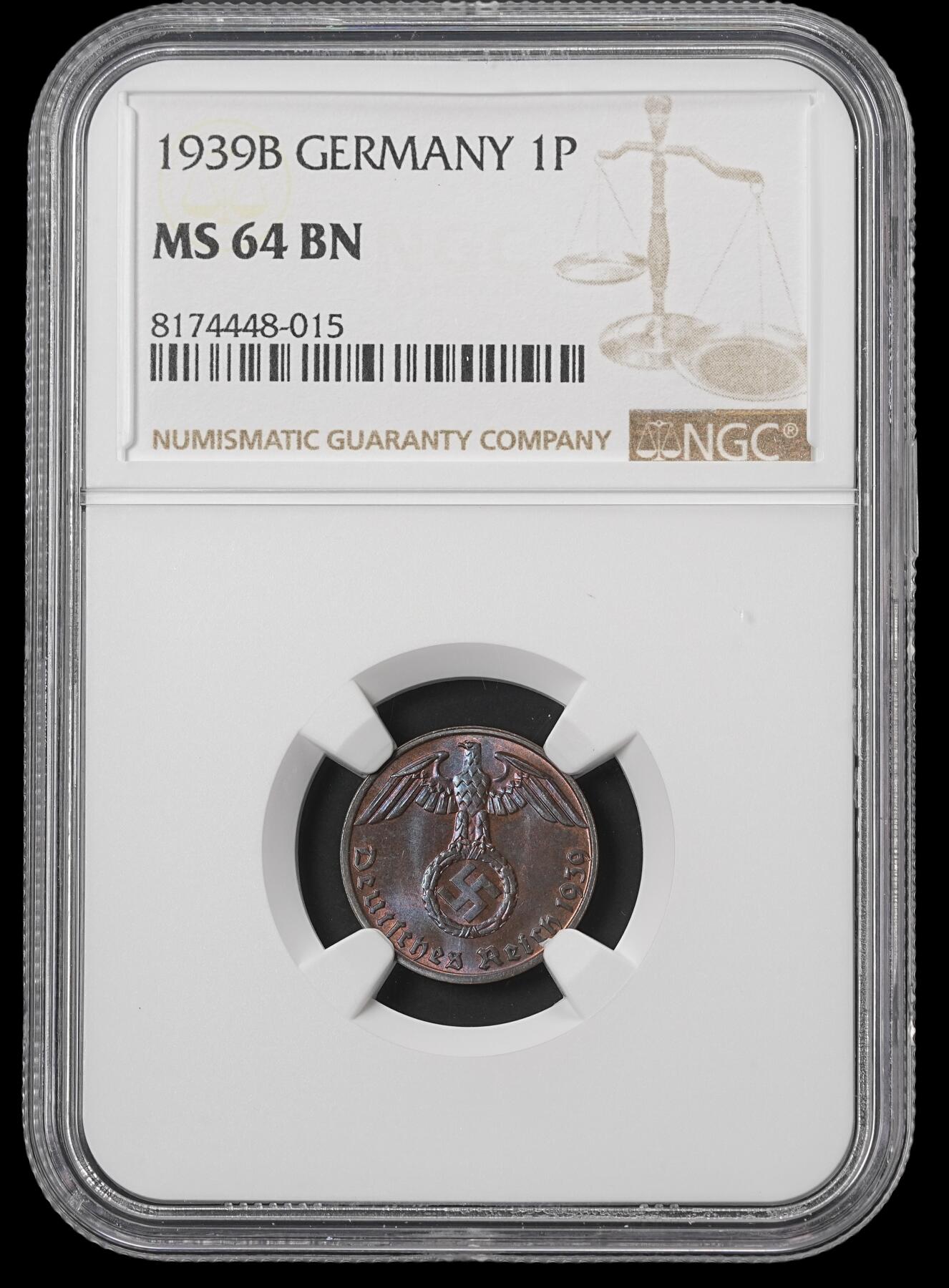 修遠堂世界钱币第四十六期 全场包邮 NGC MS64BN 1939年德三1芬尼铜币