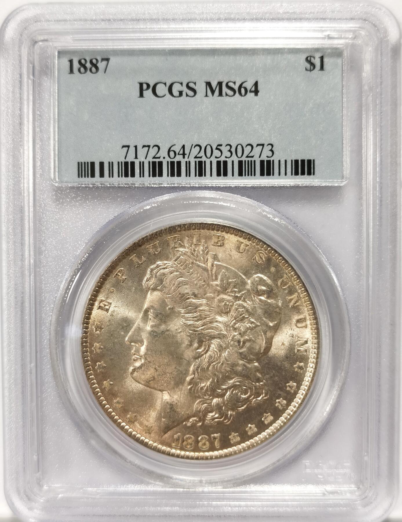 博洋堂世界钱币拍卖第098期（全场包邮） PCGS MS64 美国1887年摩根大银币，淡淡黄油包浆，正面盒子右上角有一小缺