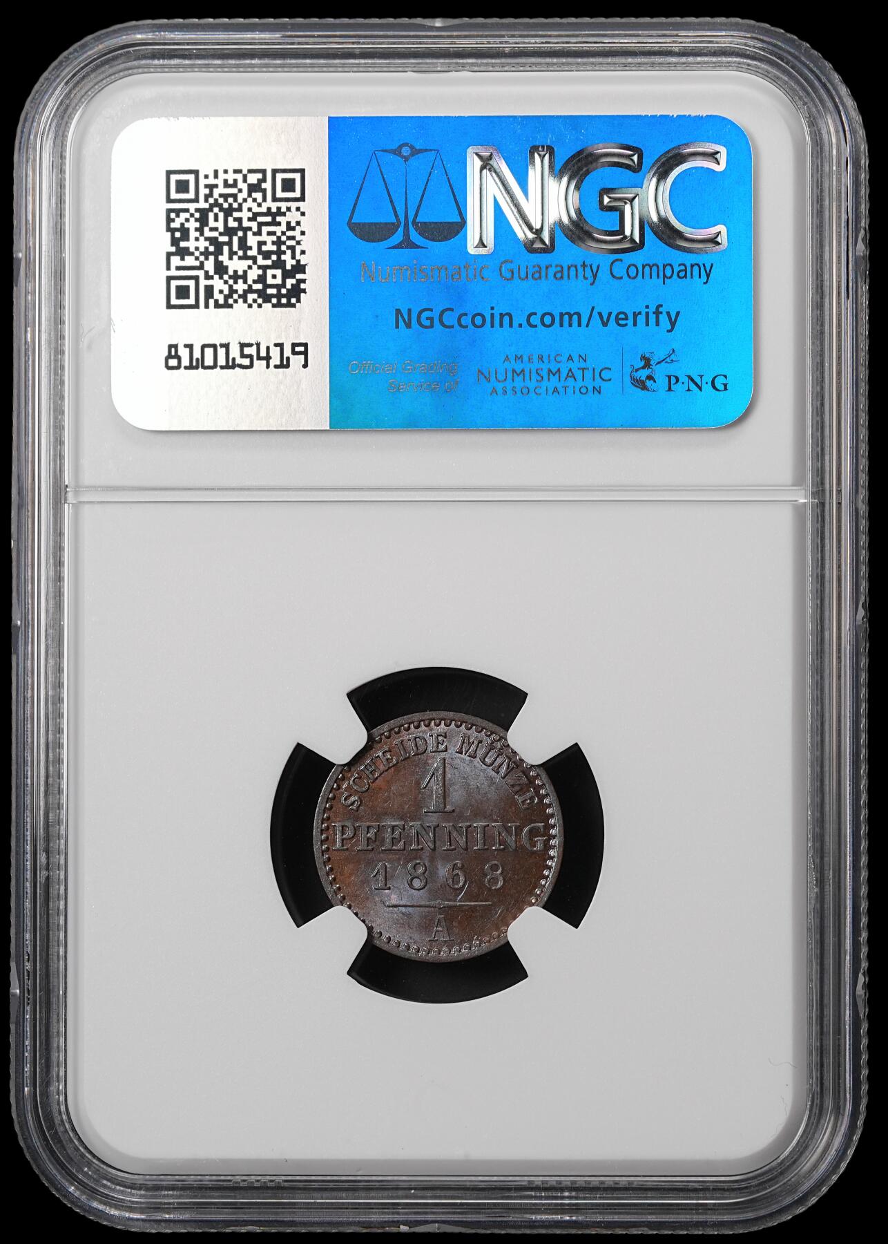 修遠堂世界钱币第四十六期 全场包邮 NGC MS64BN 1868年普鲁士1芬尼铜币