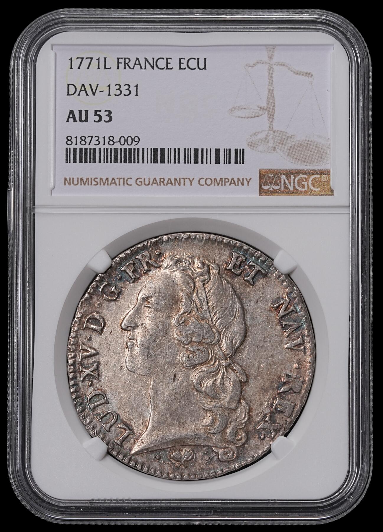 修遠堂世界钱币第四十六期 全场包邮 PCGS AU53 1771年法国1埃居大银币 路易十五头像 L厂铭