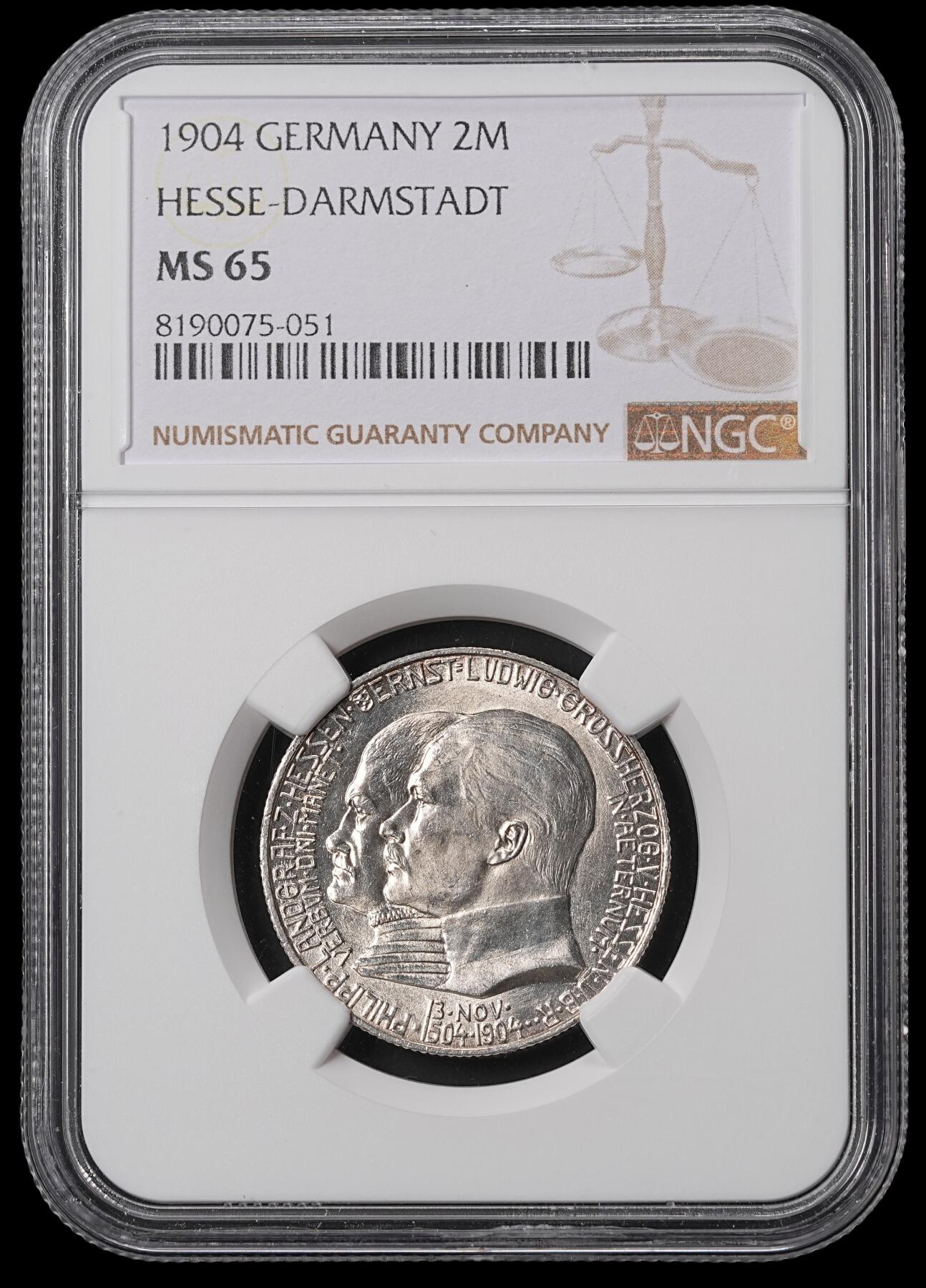 修遠堂世界钱币第四十六期 全场包邮 NGC MS65 1904年黑森-菲利普一世诞辰400周年2马克银币