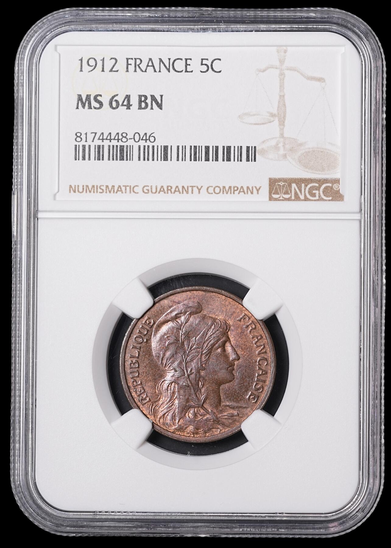 修遠堂世界钱币第四十六期 全场包邮 NGC MS64BN 1912年法国5分铜币
