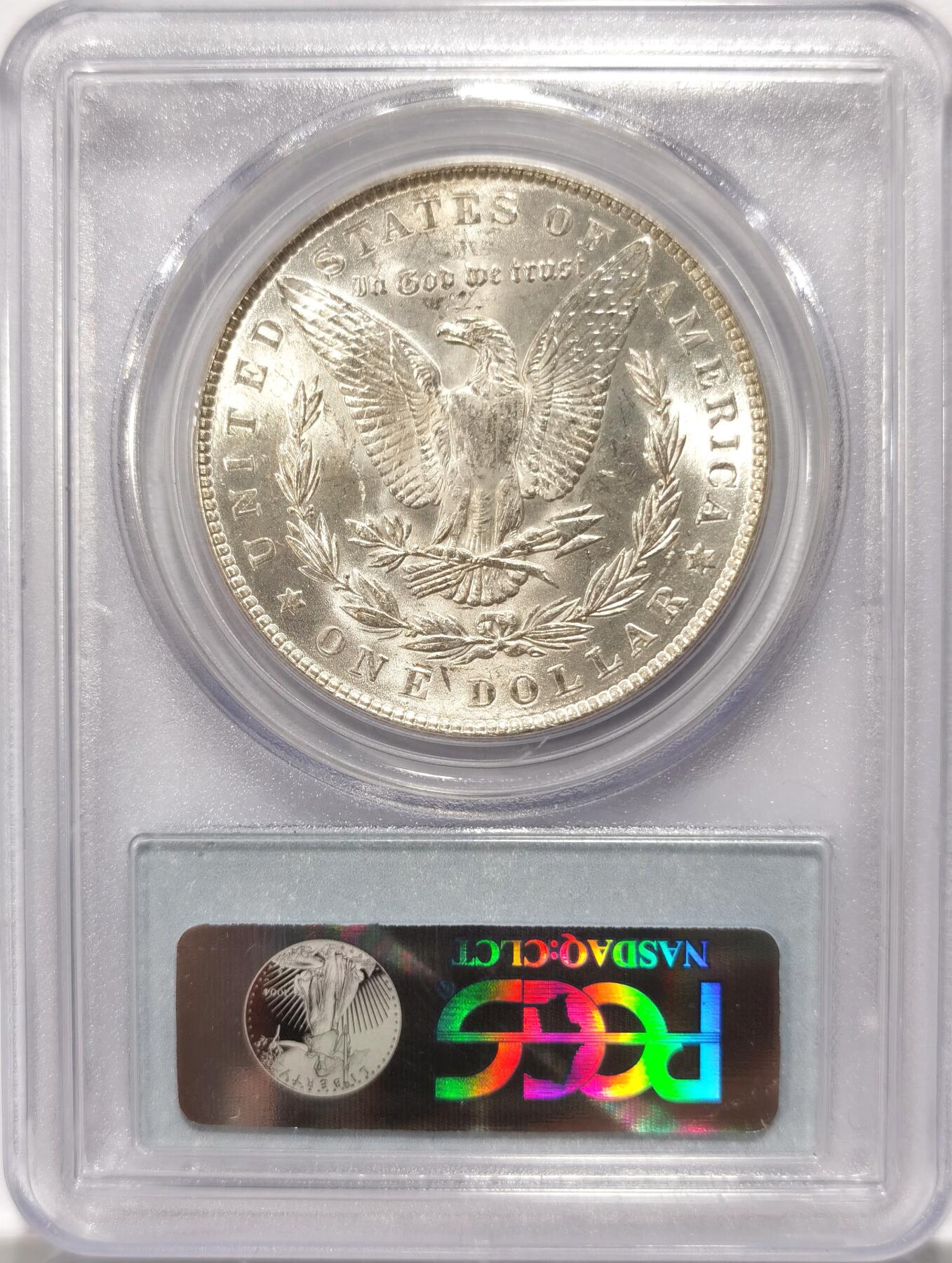博洋堂世界钱币拍卖第098期（全场包邮） PCGS MS64 美国1887年摩根大银币，淡淡黄油包浆，正面盒子右上角有一小缺