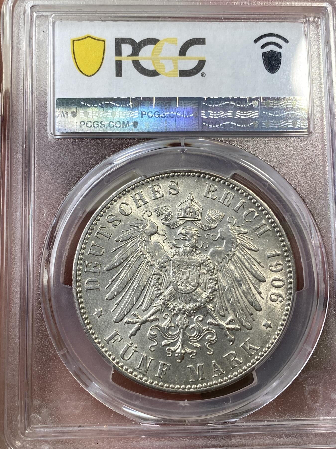 万国钱币拍卖第036期 PCGS MS62 1906年德国不来梅自由市长翅5马克银币 十字转原光好品
