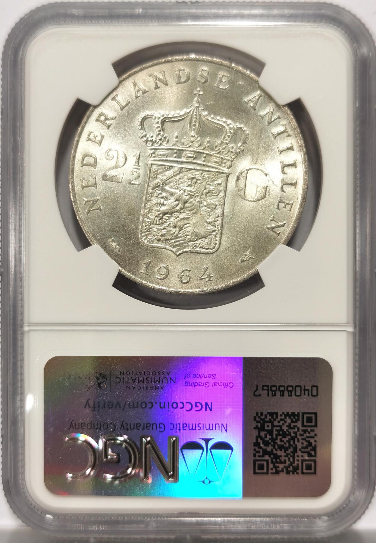 博洋堂世界钱币拍卖第098期（全场包邮） NGC MS64 荷属安的列斯1964年朱莉安娜女王2.5G大银币