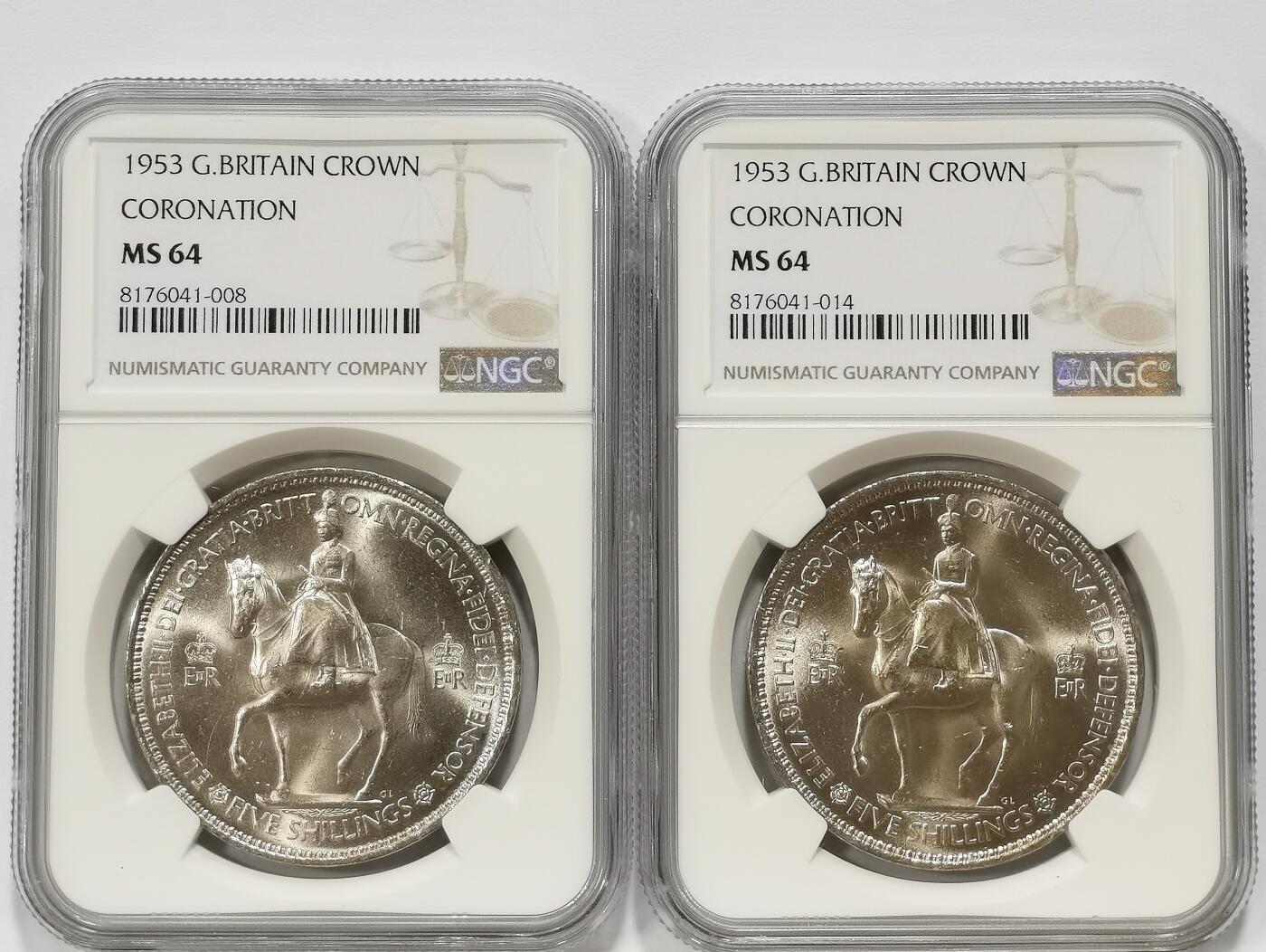 博洋堂世界钱币拍卖第098期（全场包邮） NGC MS64 英国1953年伊丽莎白二世登基纪念克朗2枚一对