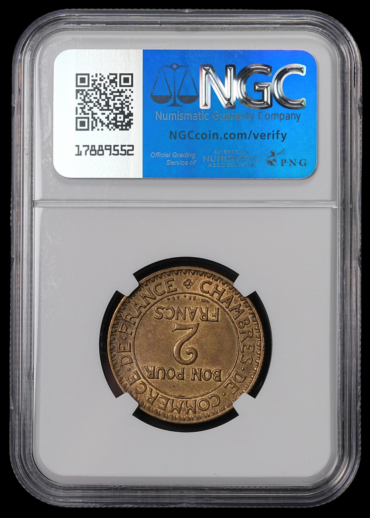 修遠堂世界钱币第四十六期 全场包邮 NGC MS63 1922年法国坐人2法郎铜币