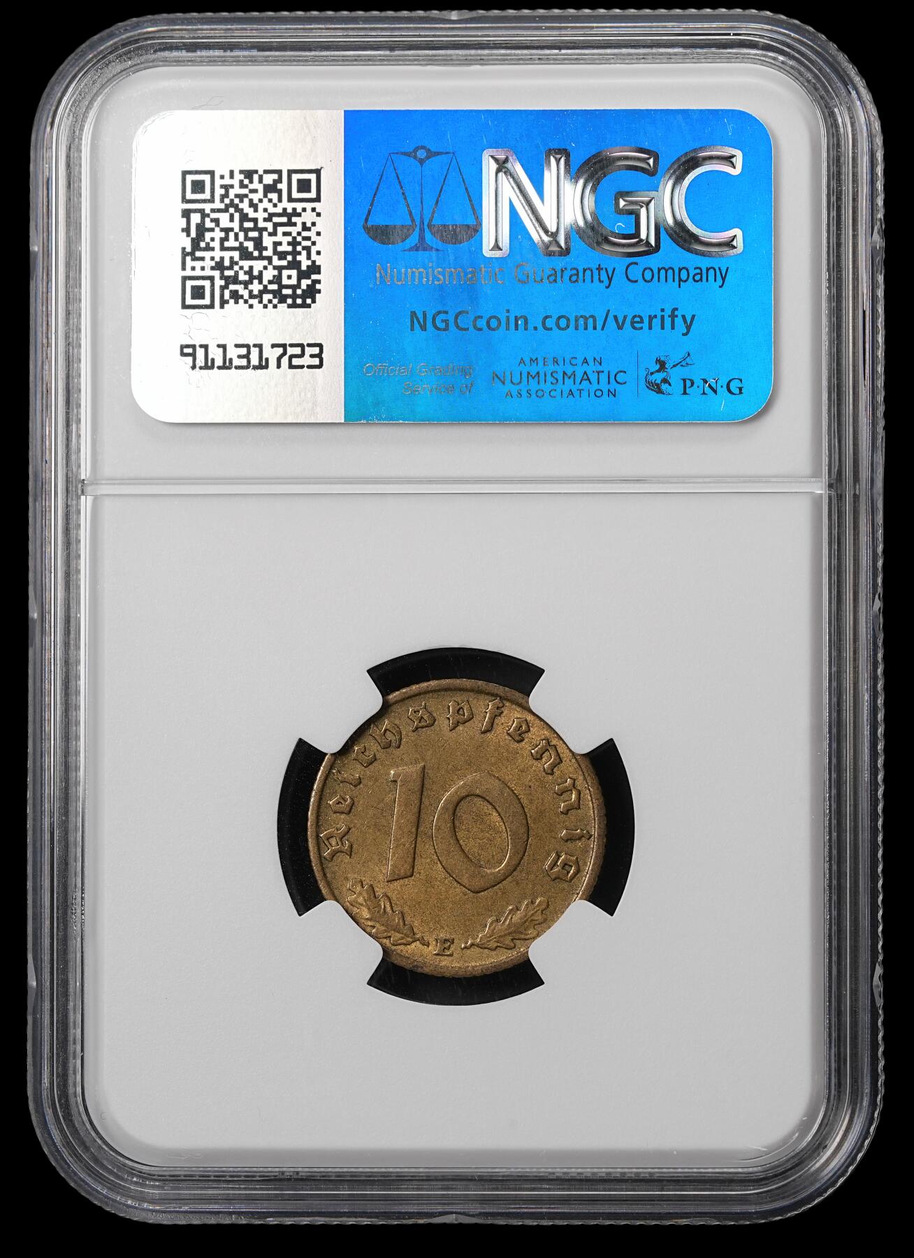 修遠堂世界钱币第四十六期 全场包邮 NGC MS62 1938年德三10芬尼铜币 E厂铭