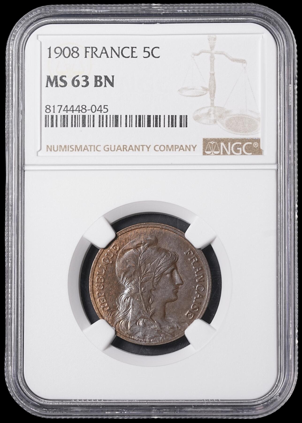 修遠堂世界钱币第四十六期 全场包邮 NGC MS63BN 1908年法国5分铜币