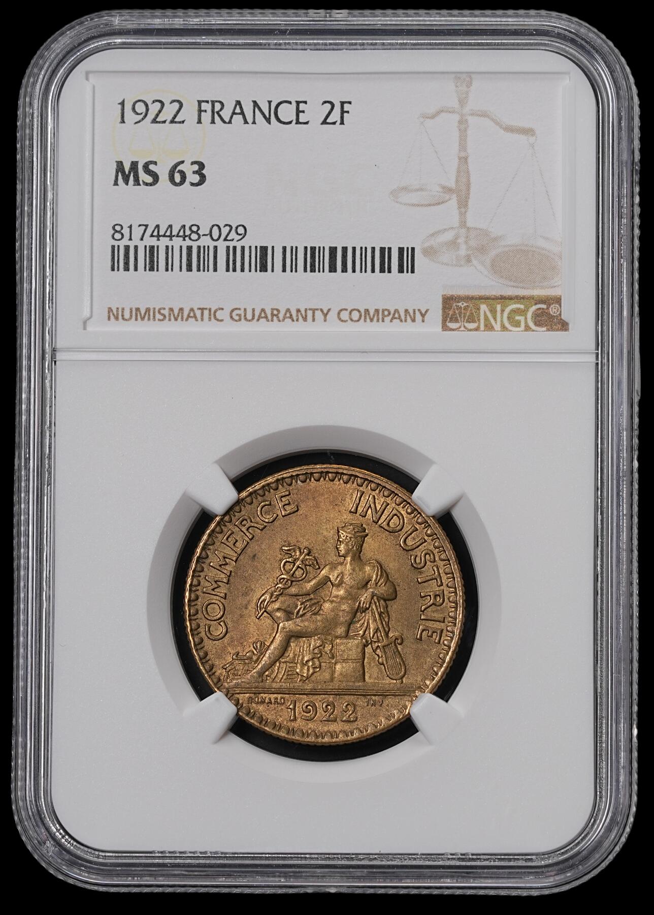 修遠堂世界钱币第四十六期 全场包邮 NGC MS63 1922年法国坐人2法郎铜币
