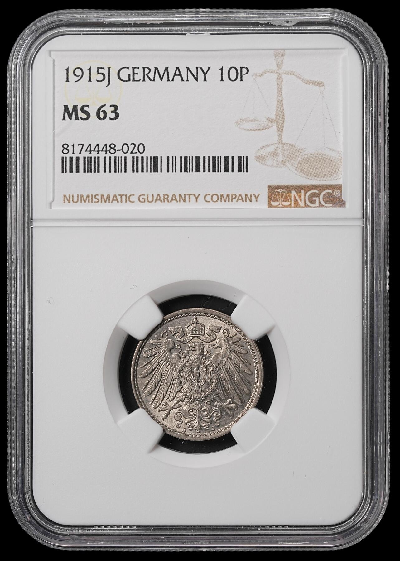 修遠堂世界钱币第四十六期 全场包邮 NGC MS63 1915年德国10芬尼 J厂铭