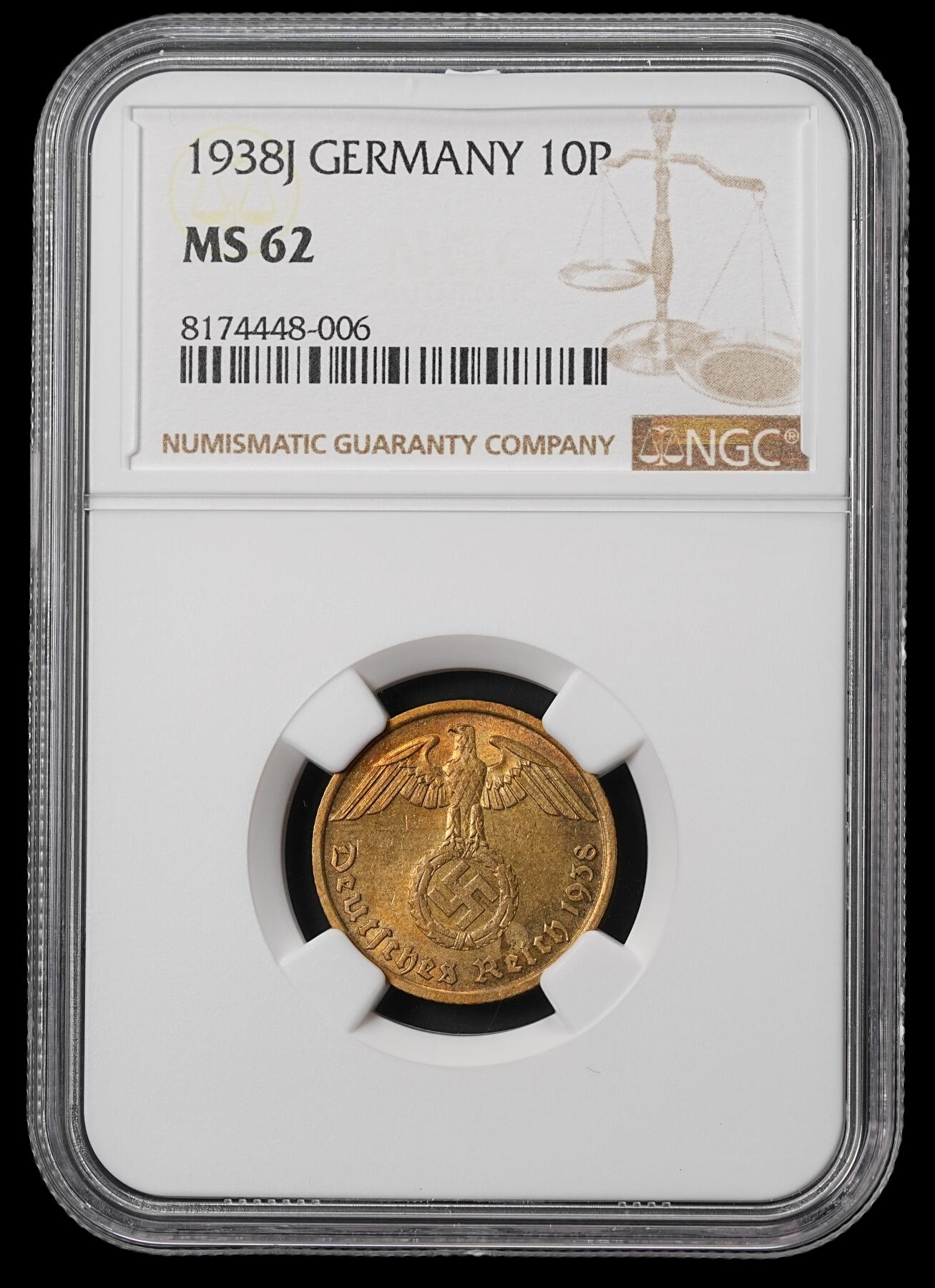 修遠堂世界钱币第四十六期 全场包邮 NGC MS62 1938年德三10芬尼铜币 J厂铭