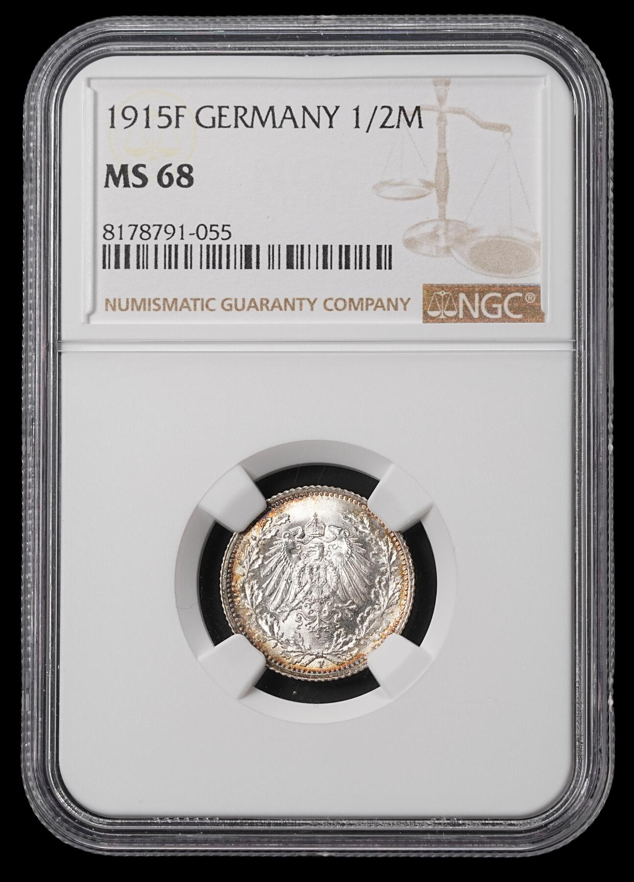 修遠堂世界钱币第四十六期 全场包邮 顶级高分环彩 NGC MS68 1915年德国1/2马克银币 F厂铭 68分老币天花板级别分数