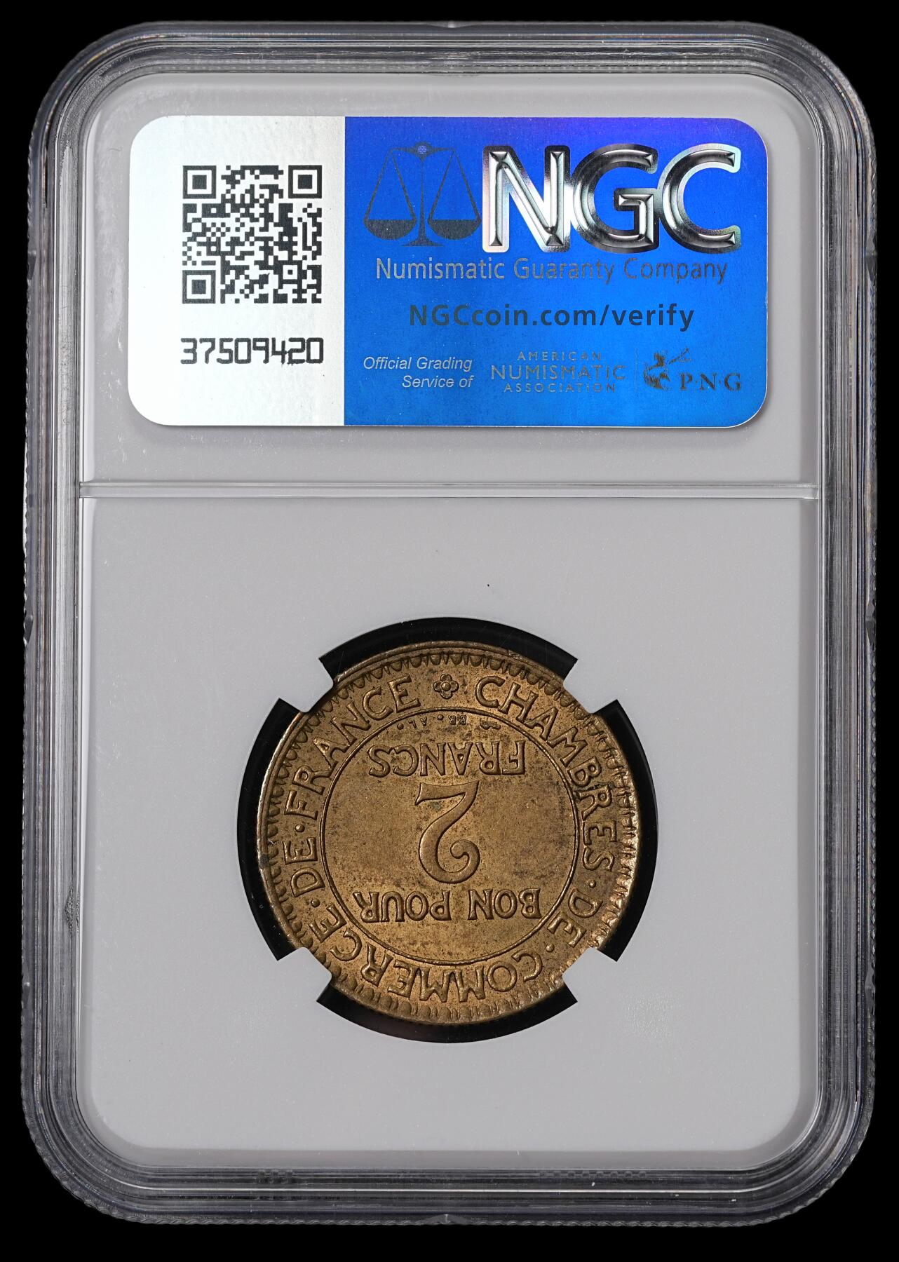 修遠堂世界钱币第四十六期 全场包邮 NGC MS63 1923年法国坐人2法郎铜币