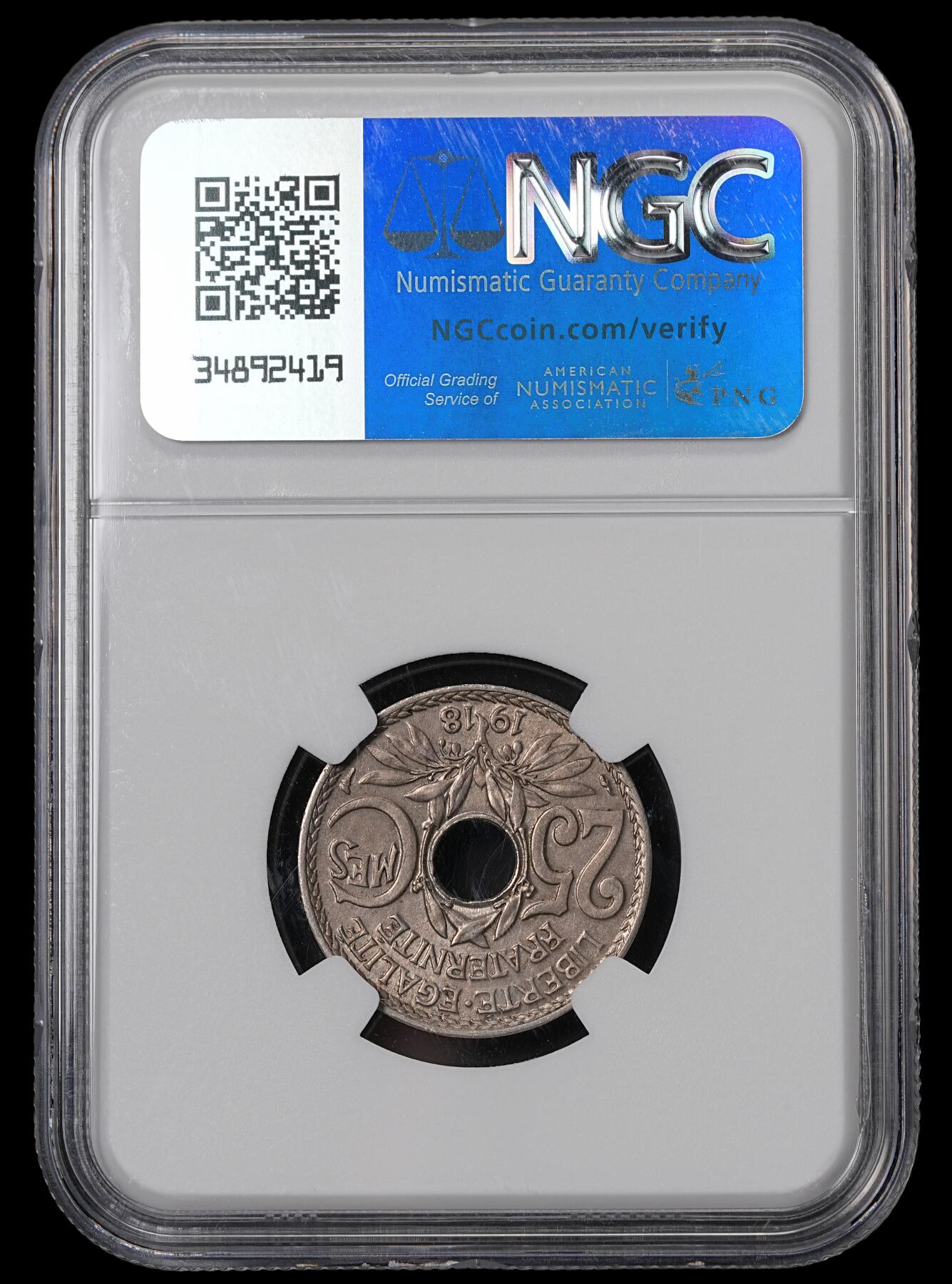 修遠堂世界钱币第四十六期 全场包邮 NGC MS63 1918年法国中孔25分