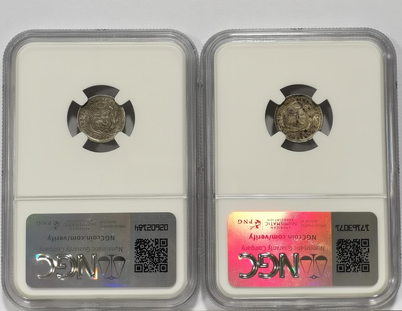 博洋堂世界钱币拍卖第098期（全场包邮） NGC AU58 秘鲁1910/1916年坐人女神1/2D小银币2枚一对