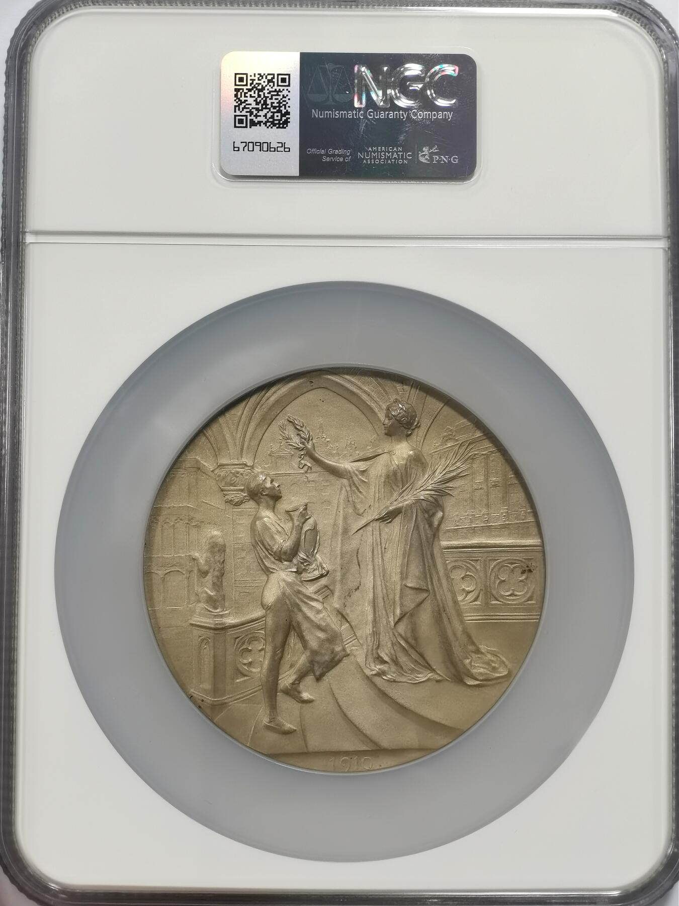 博洋堂世界钱币拍卖第098期（全场包邮） 1910年比利时布鲁塞尔世博会银章，直径70mm，银章少见，好品难得。NGC MS64