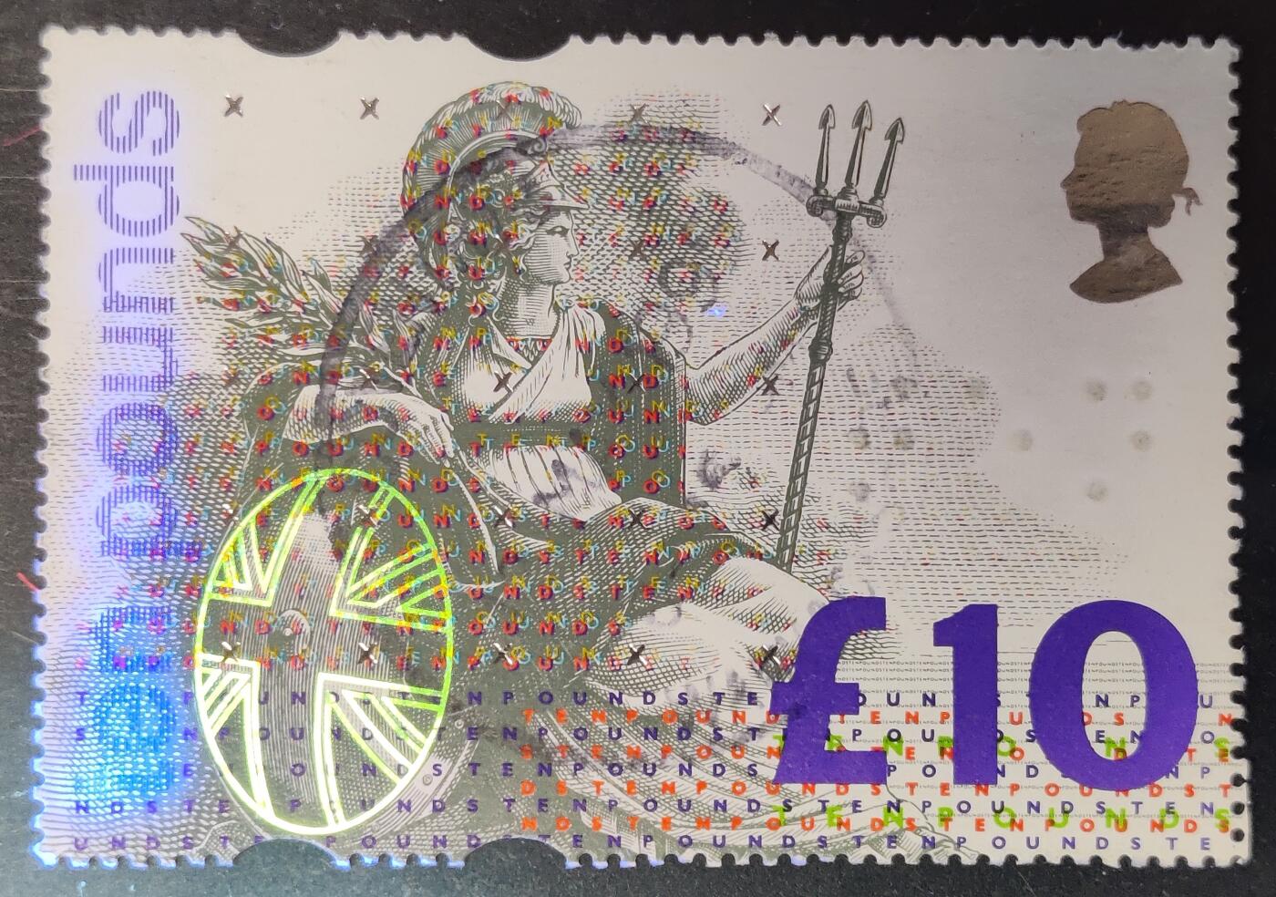 洪涛臻品批发群 精选邮票限时拍卖第七百八十八期  英国最高面值海神10英镑 防伪印刷油墨与防伪纤维邮票纸 信销好品 很漂亮！