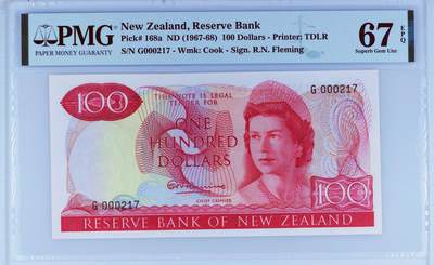 【Blue Auction】✨世界纸币精拍第571期【精】   -  【a版冠军分 217小号】新西兰 1967-68年100元 最高值 高冠女王 PMG67EPQ高分 背面短翅水鸡，产于新西兰的不能飞行的珍稀鸟类，19世纪初期认为已灭绝，但1948年又于新西兰南岛的河谷中发现