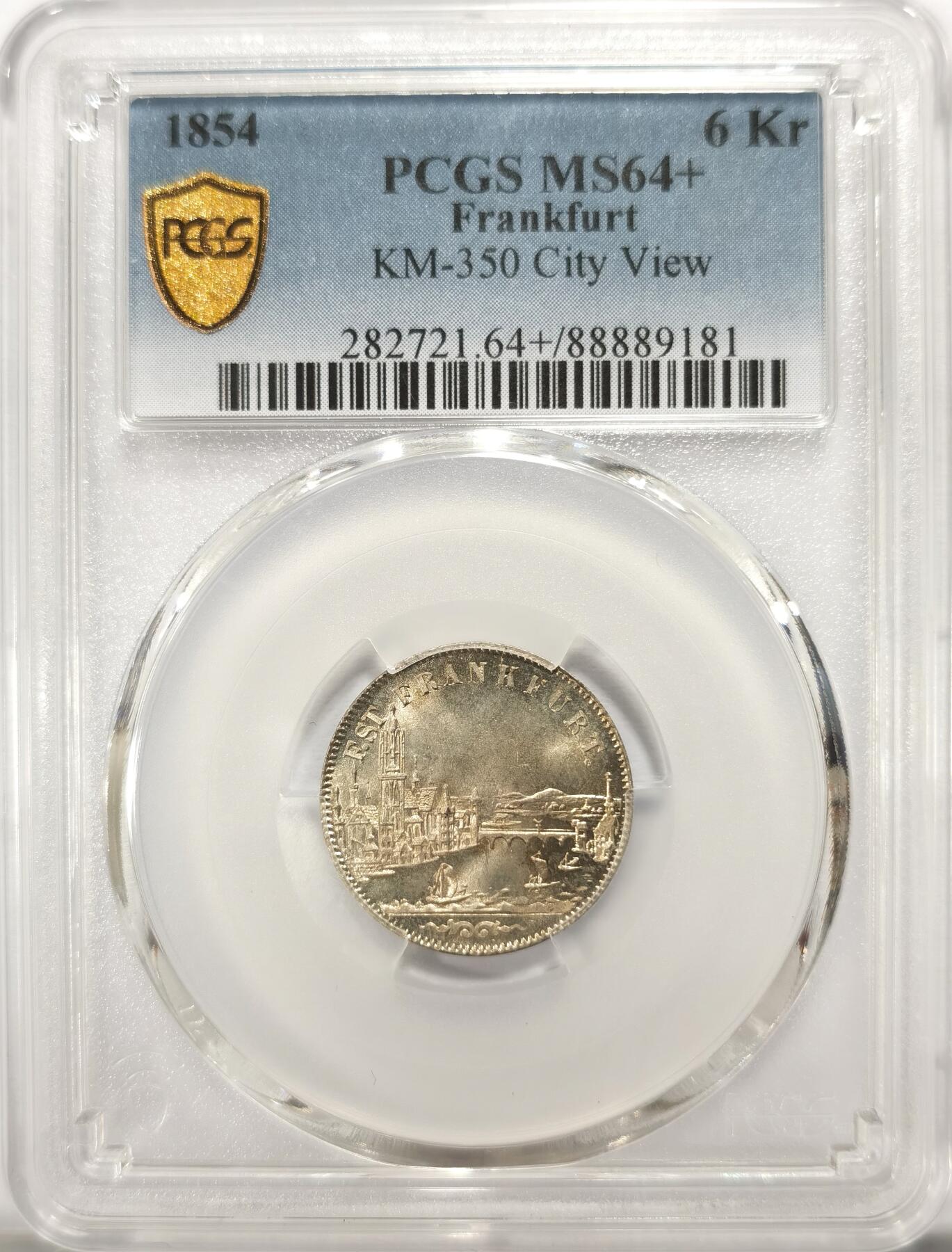 博洋堂世界钱币拍卖第098期（全场包邮） PCGS MS64+ 德国法兰克福自由市1854年城市景观6克洛泽银币