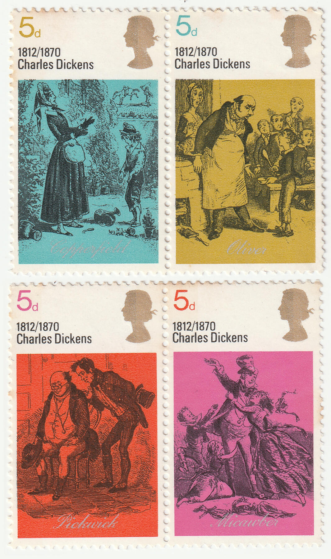 洪涛臻品批发群 精选邮票限时拍卖第七百八十八期  英国1970年 小说家查尔斯·狄更斯(1812-1870)逝世一百周年  原胶两双联 新票原胶有黄