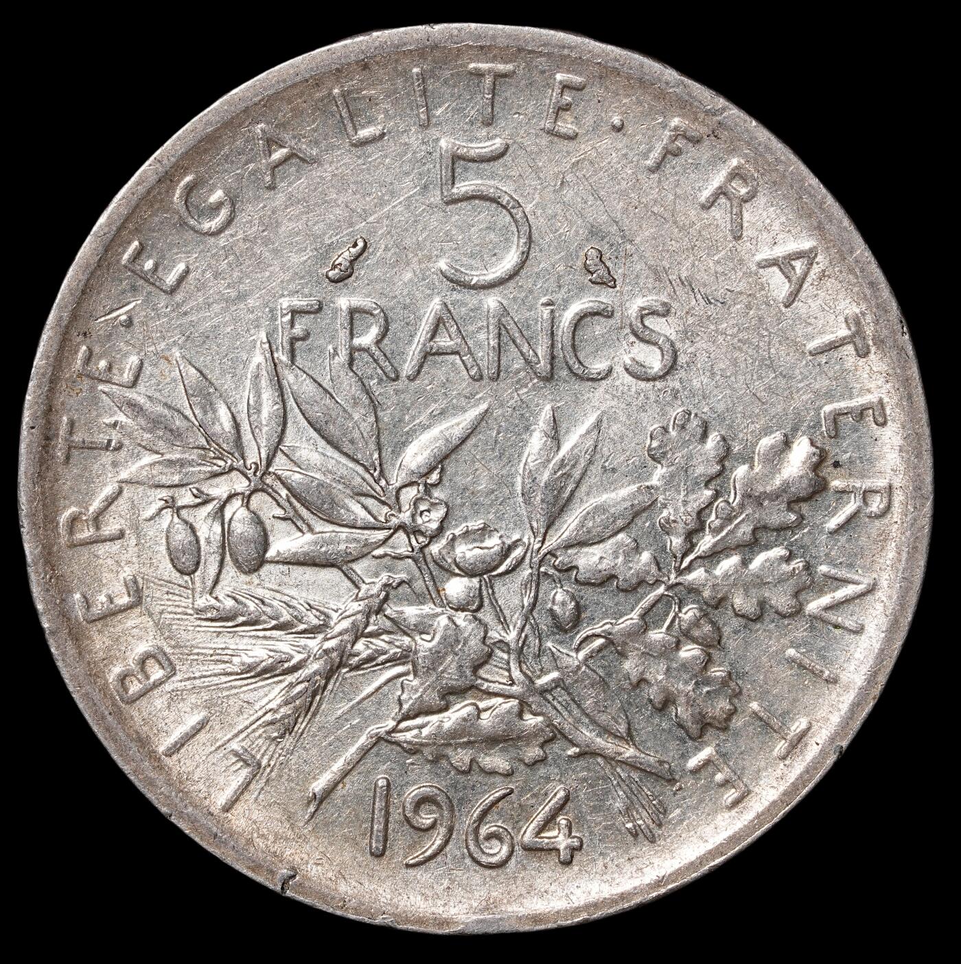 修遠堂世界钱币第四十六期 全场包邮 1964年法国播种5法郎银币 12g，含银83.5%