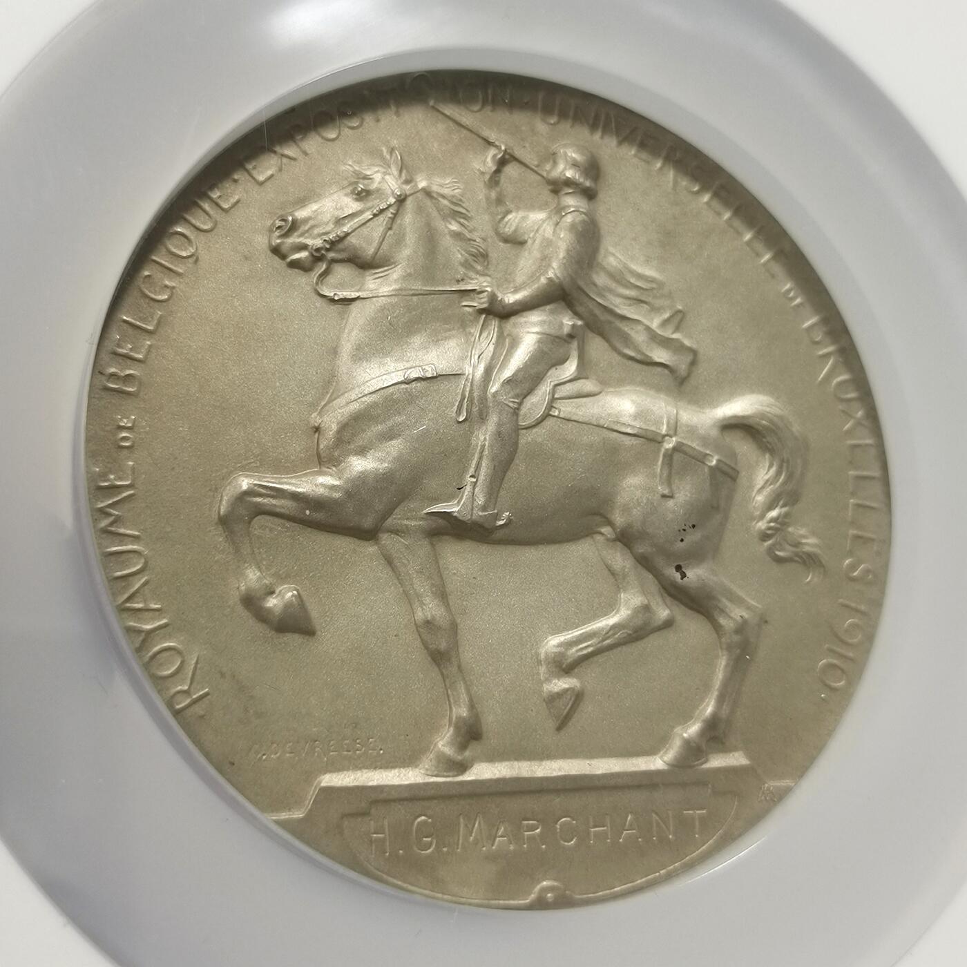 博洋堂世界钱币拍卖第098期（全场包邮） 1910年比利时布鲁塞尔世博会银章，直径70mm，银章少见，好品难得。NGC MS64