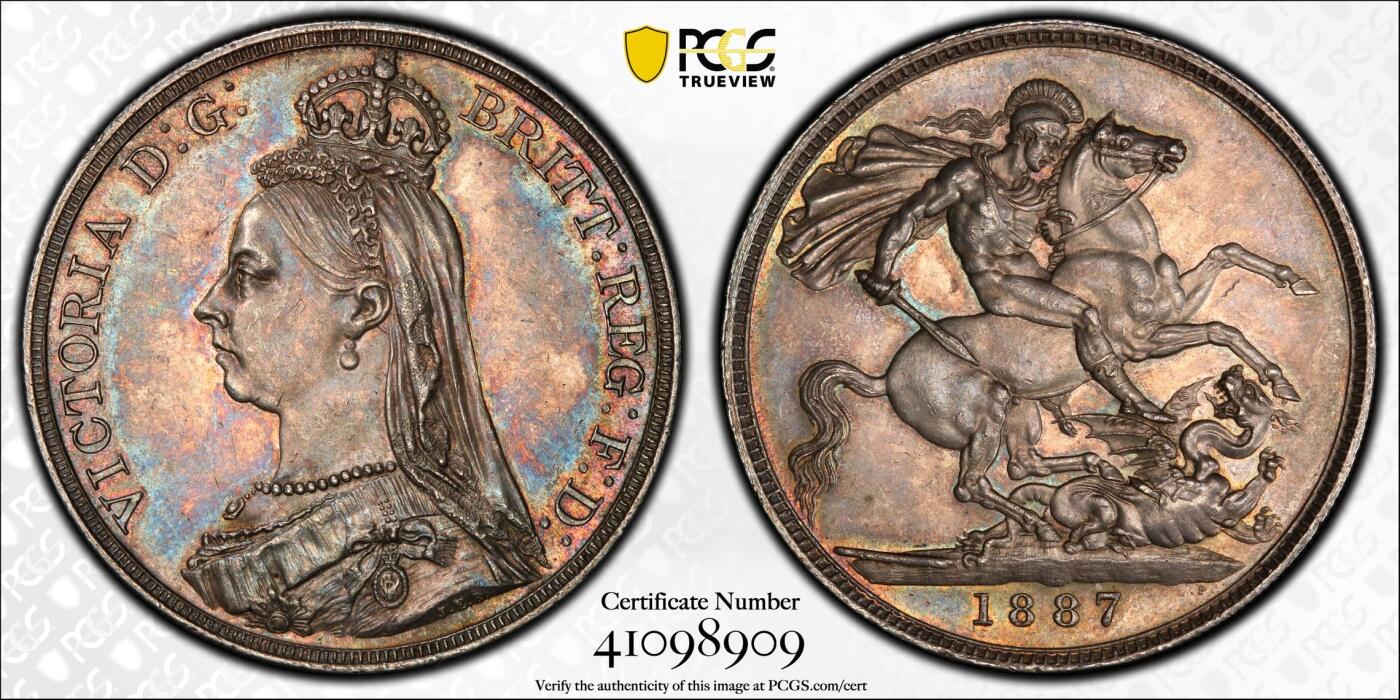 万国钱币拍卖第036期 PCGS MS62 1887英国维多利亚高冠马剑克朗 原味五彩 观感超越分数的状态