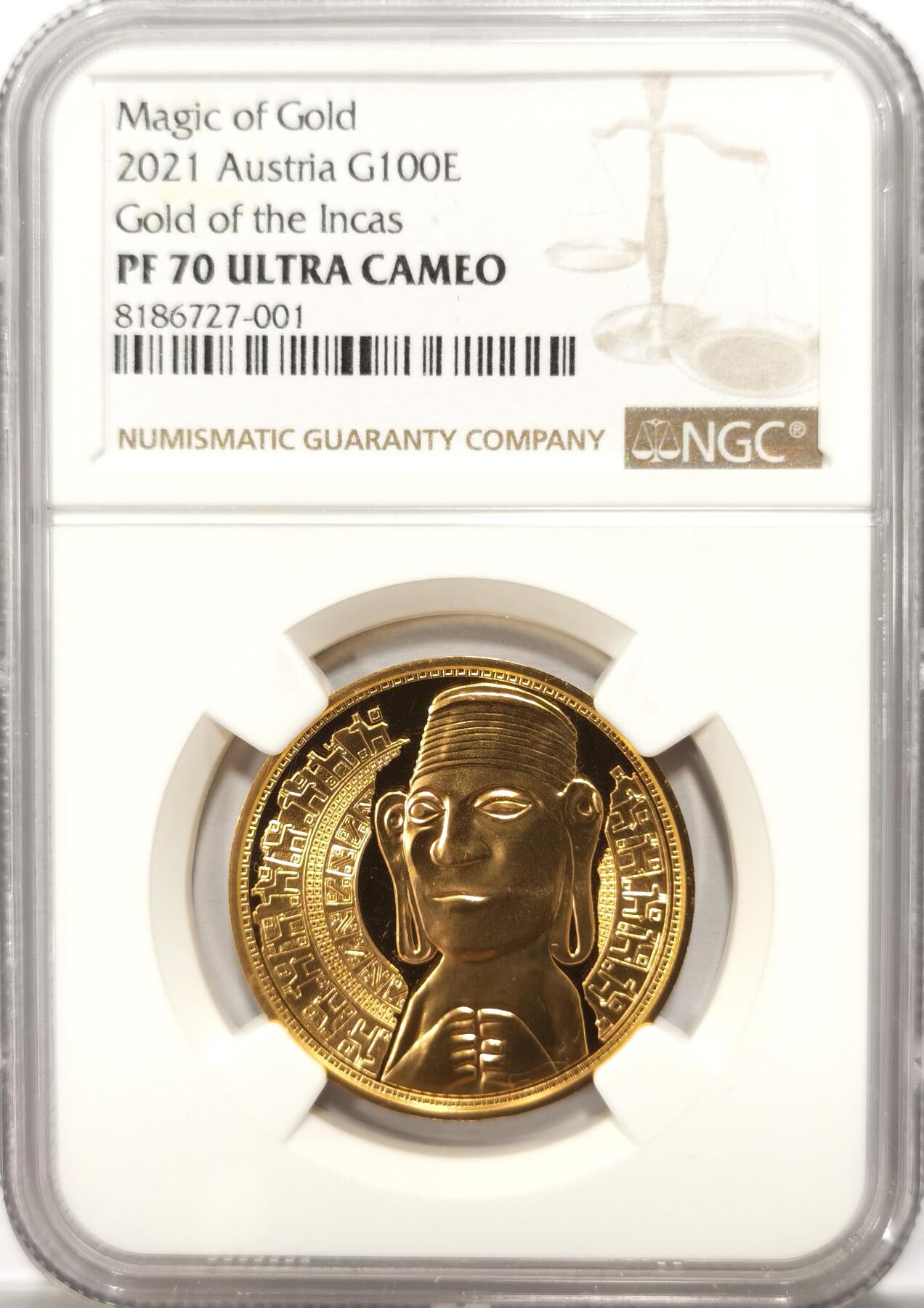 博洋堂世界钱币拍卖第098期（全场包邮） NGC PF70UC 奥地利2021年黄金的魔力系列（三)《印加人的黄金》精制纪念金币，面值100欧，1/2盎司(15.78克）986金，发行量20000枚