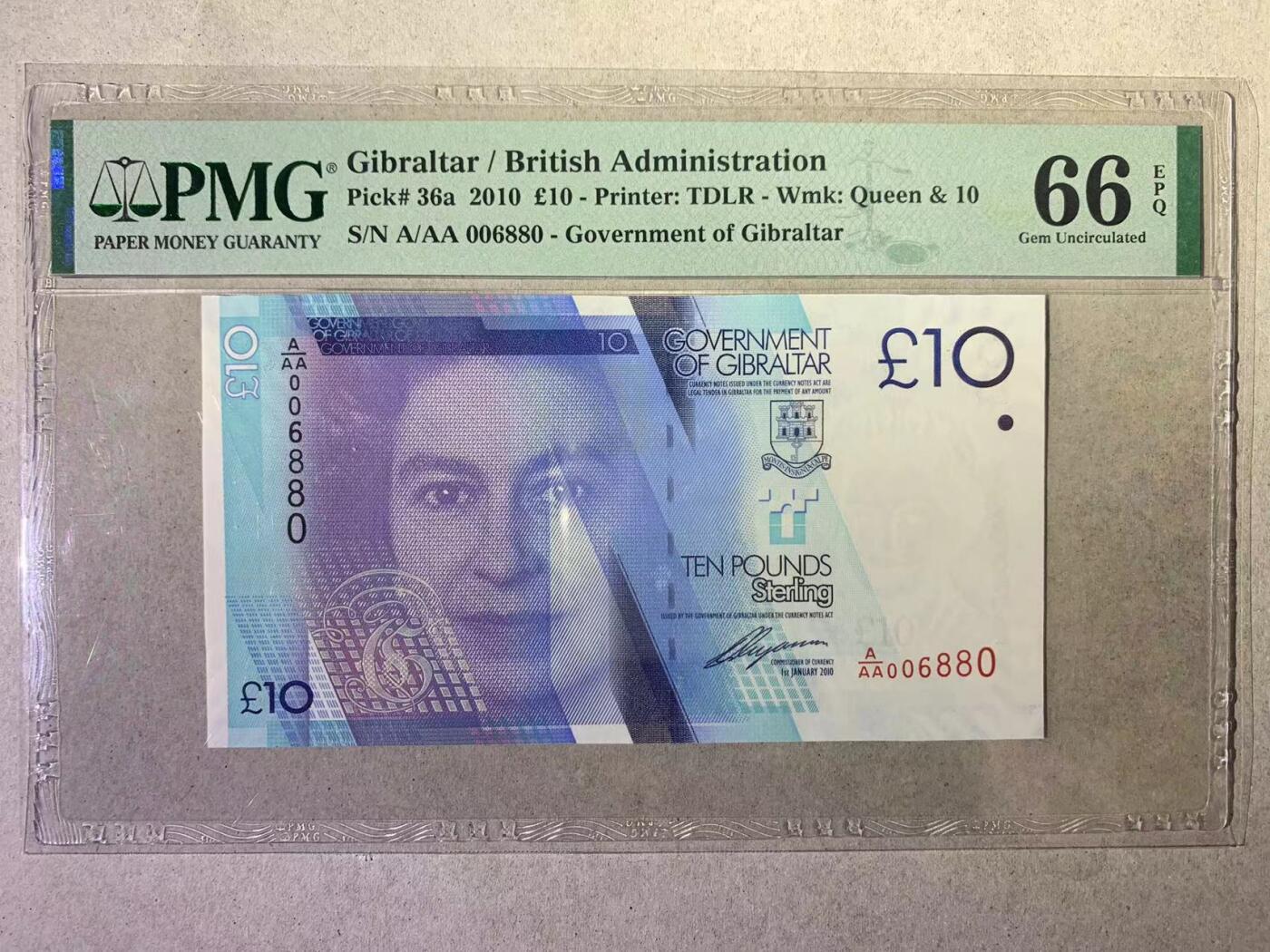 【礼羽收藏】🌏世界钱币拍卖第110期 【AA006880】全新UNC 2010年直布罗陀10镑 AAA冠 无3457尾6880 少见 千位号 倒置号 圆圆倒置号