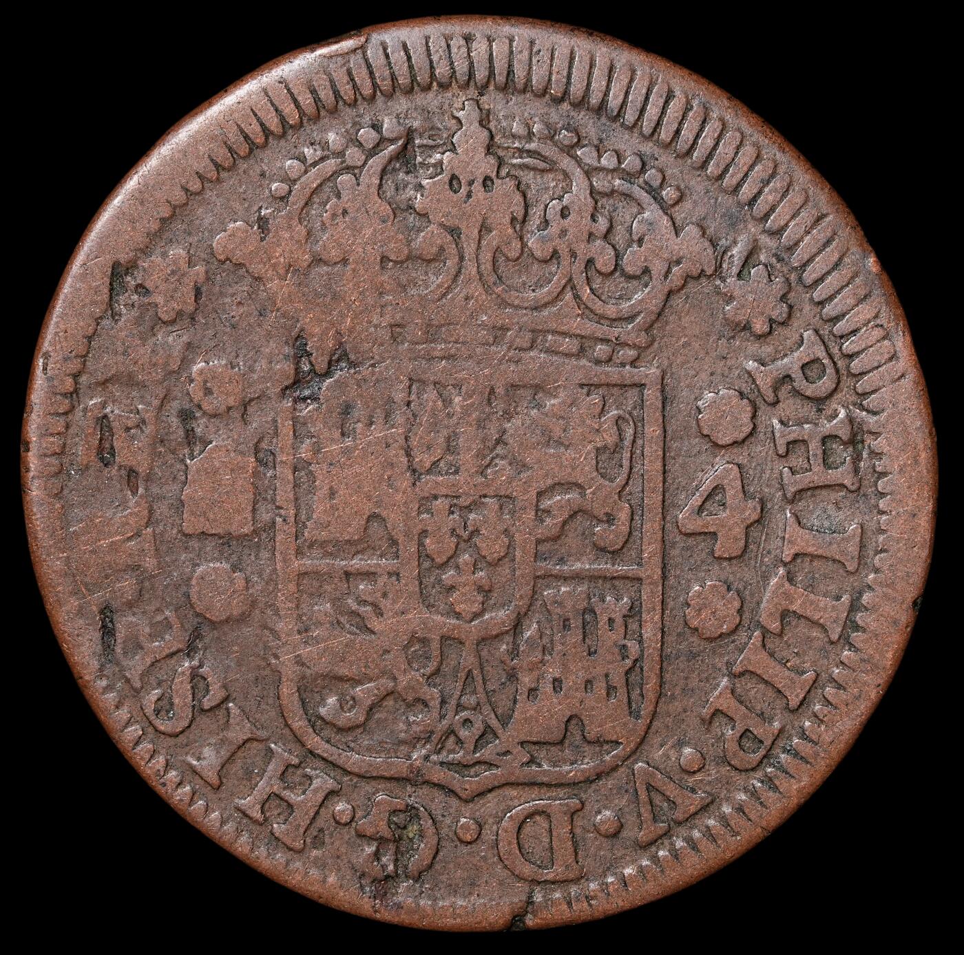 修遠堂世界钱币第四十六期 全场包邮 1743年西班牙 4 Maravedis铜币 5.35g