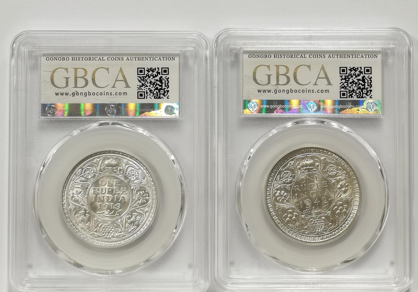 博洋堂世界钱币拍卖第098期（全场包邮） 公博 MS64+ 英属印度1919年乔治五世、1942年乔治六世1卢比银币2枚一对