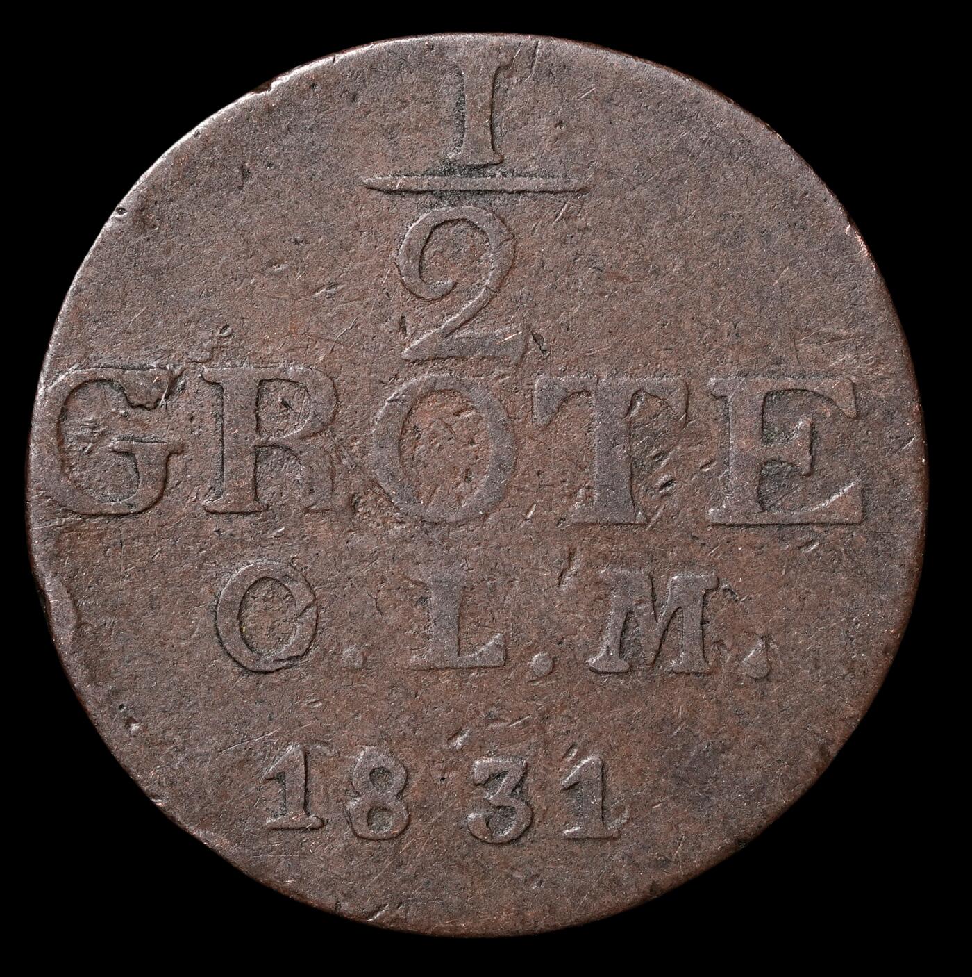修遠堂世界钱币第四十六期 全场包邮 1831年奥尔登堡1/2 GROTEN铜币 少见品种 仅铸造7万多枚